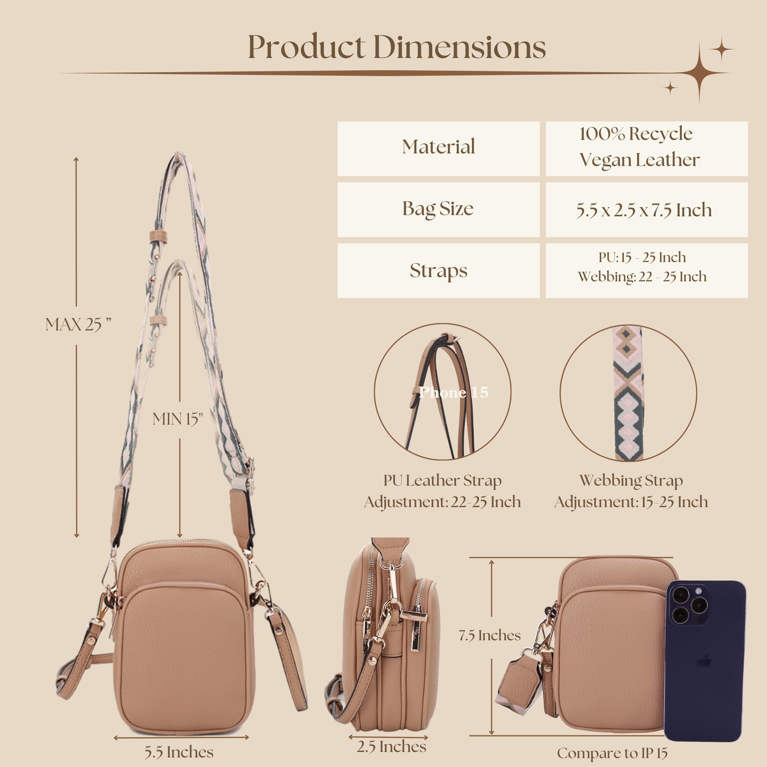 Mali+Lili Small Crossbody Bag for Women, Triple Compartment Shoulder Bag with Double Strap