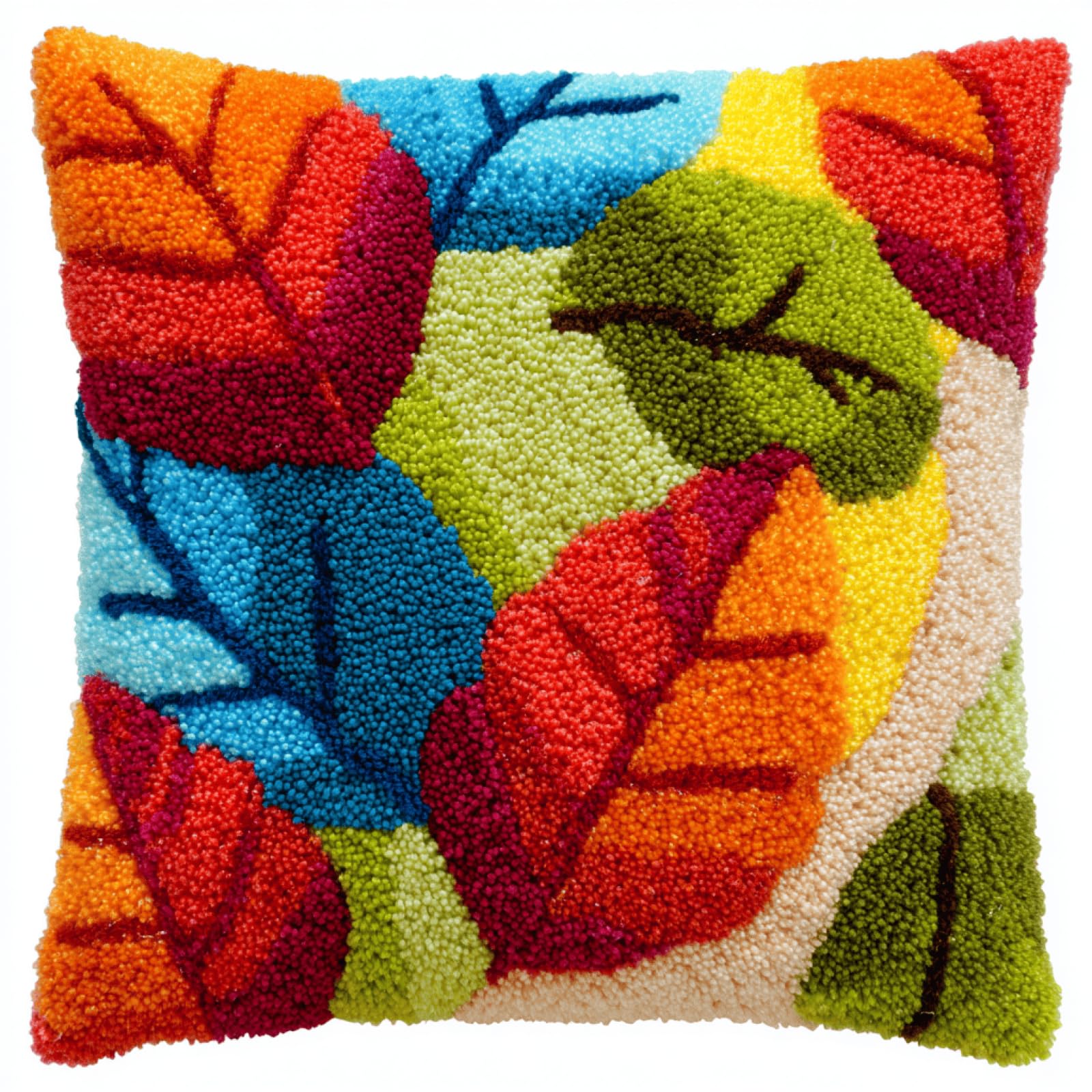 Taxpy Beginner Friendly Latch Hook Cushion Kit,Colorful Leaves,17x17in Pillow Cover with Printed Canvas,Complete DIY Craft Set with Soft Yarn,Hook and Instructions