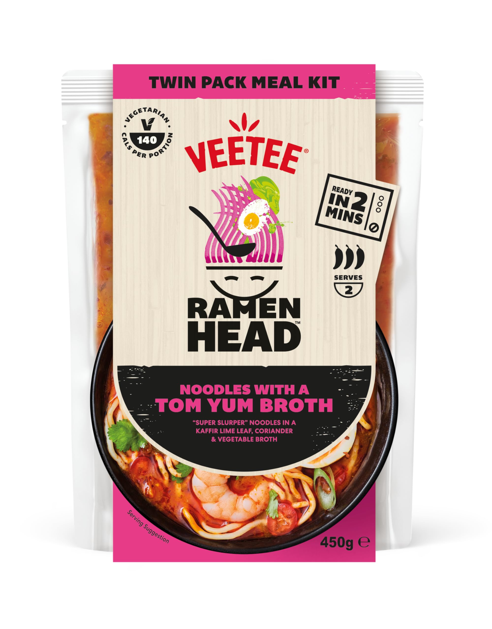 Veetee Ramen Head Noodles in Broth Microwave Meal - Tom Yum (4 Pack) | Ready in 2 minutes | Authentic Dish with a Kaffir Lime Leaf, Coriander & Vegetable Sauce | Instant Food & Snack Pouches