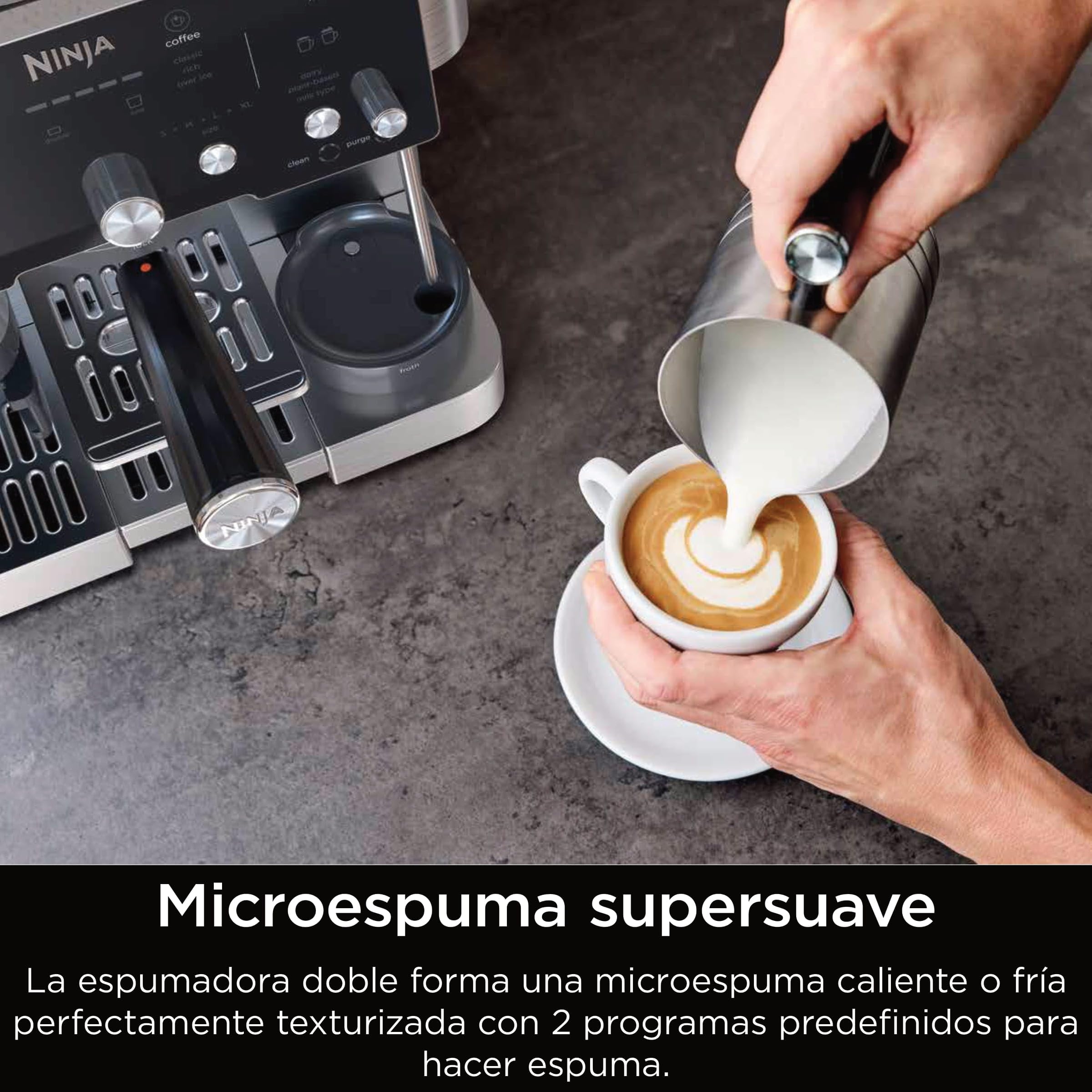 Ninja Luxe Essential Cafetera 2 en 1 para latte, cappuccino y espresso con molinillo y espumador de leche integrados, fácil de usar y 2 preajustes automáticos de espuma, plata, ES501EU — view 7