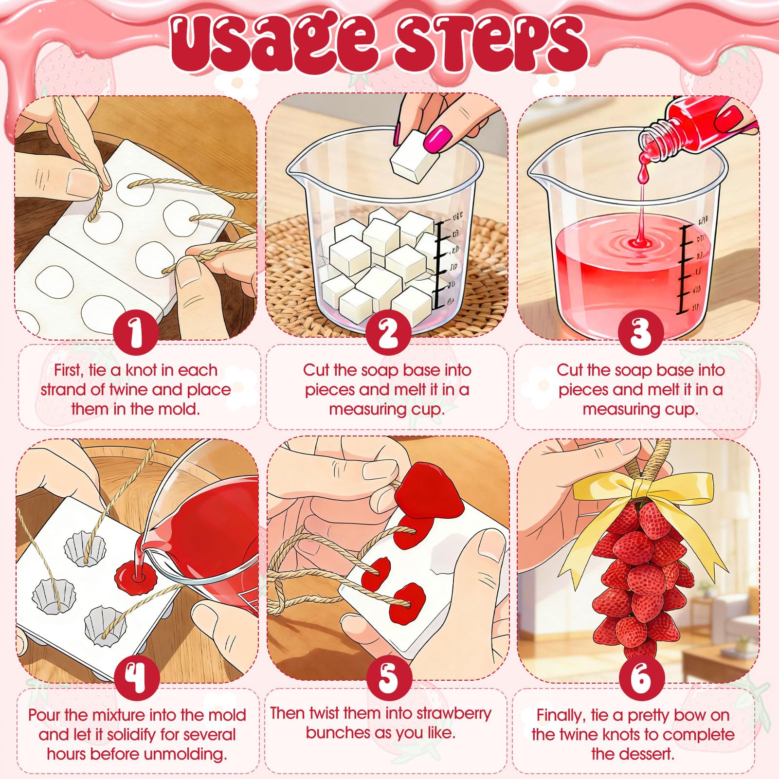Kit Sapone Fai da te, Kit per Sapone Fai da te Forma di Fragola, Include Base per Sapone Fai da te, Stampi per Sapone e Altri Accessori, per i Principianti