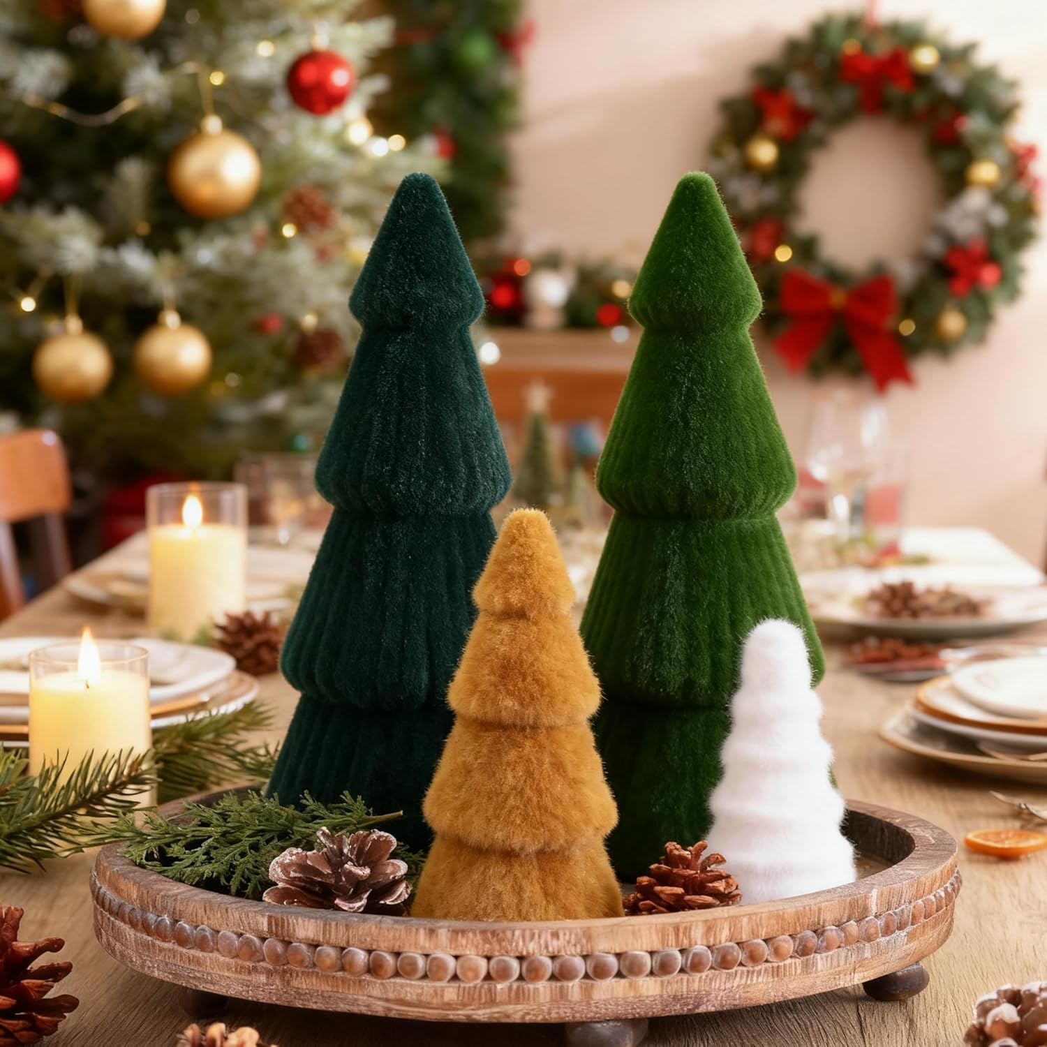 Tigeen 6 Pcs Neutral Velvet Christmas Tree Decoration Modern Christmas Cone Trees Decoration Minimalist Flocked Tabletop Centerpieces for Xmas Winter Holiday Entryway Table Mantel Party