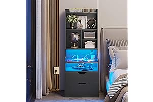 Sturdy Teen Night Stand with Bookshelf, Charging Station & LED Lights