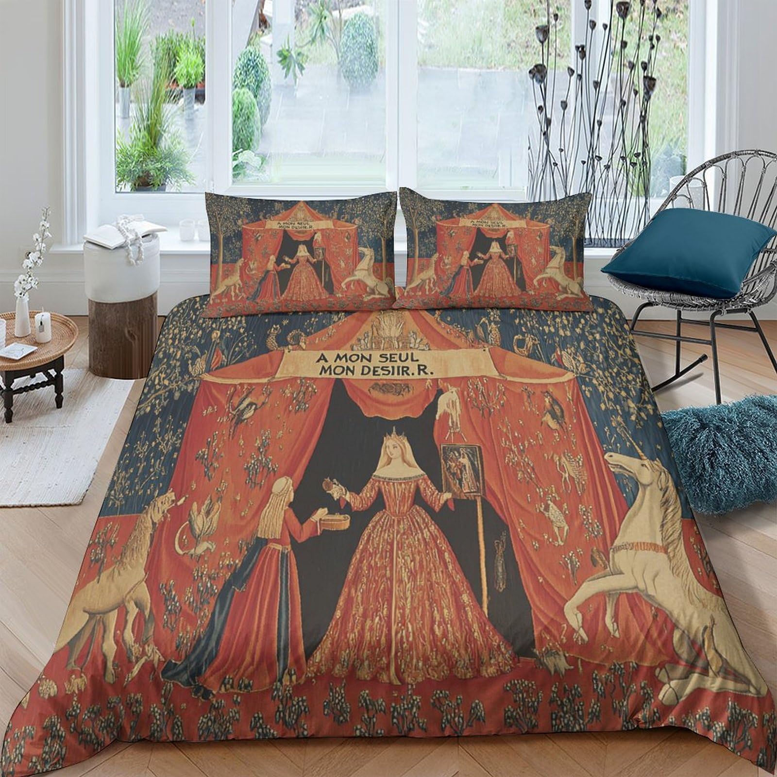 Ctjqhvkz Style-6 3D Printed Medieval Tapestry Fitted Sheet Microfiber Soft Red Unicorn Lion Bed Cover For Bedroom Dorm Mattress Protection Decor Single（135X200cm）