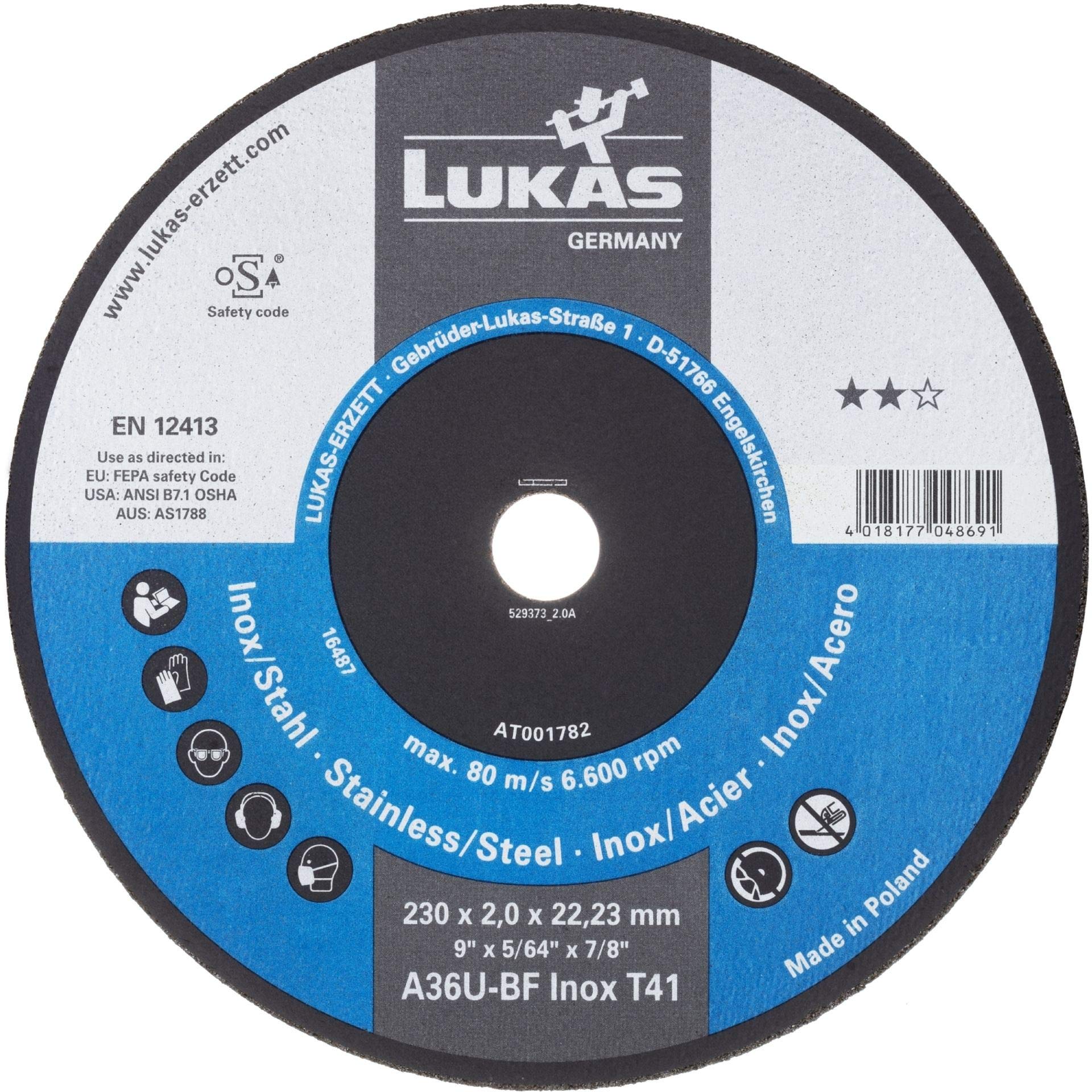 LUKAS A36U-BF - Disco di taglio per acciaio INOX, dritto, diverse versioni