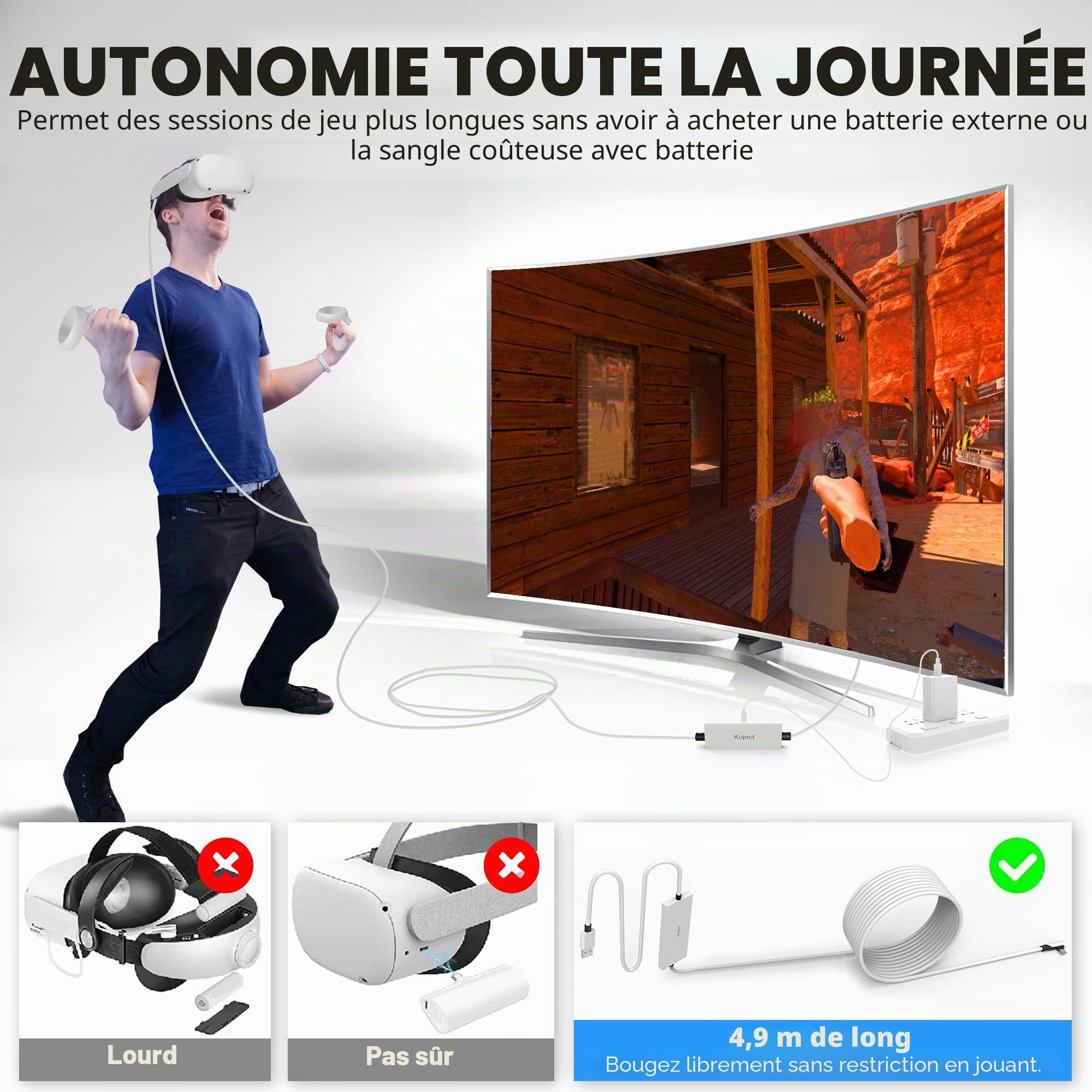 Kuject Cable Link 5m pour Meta Quest 3, avec Port de Charge séparé pour une Alimentation Ultra Durable, Câble USB 3.0 de Type A vers C pour Accessoire de Casque VR et jeu PC