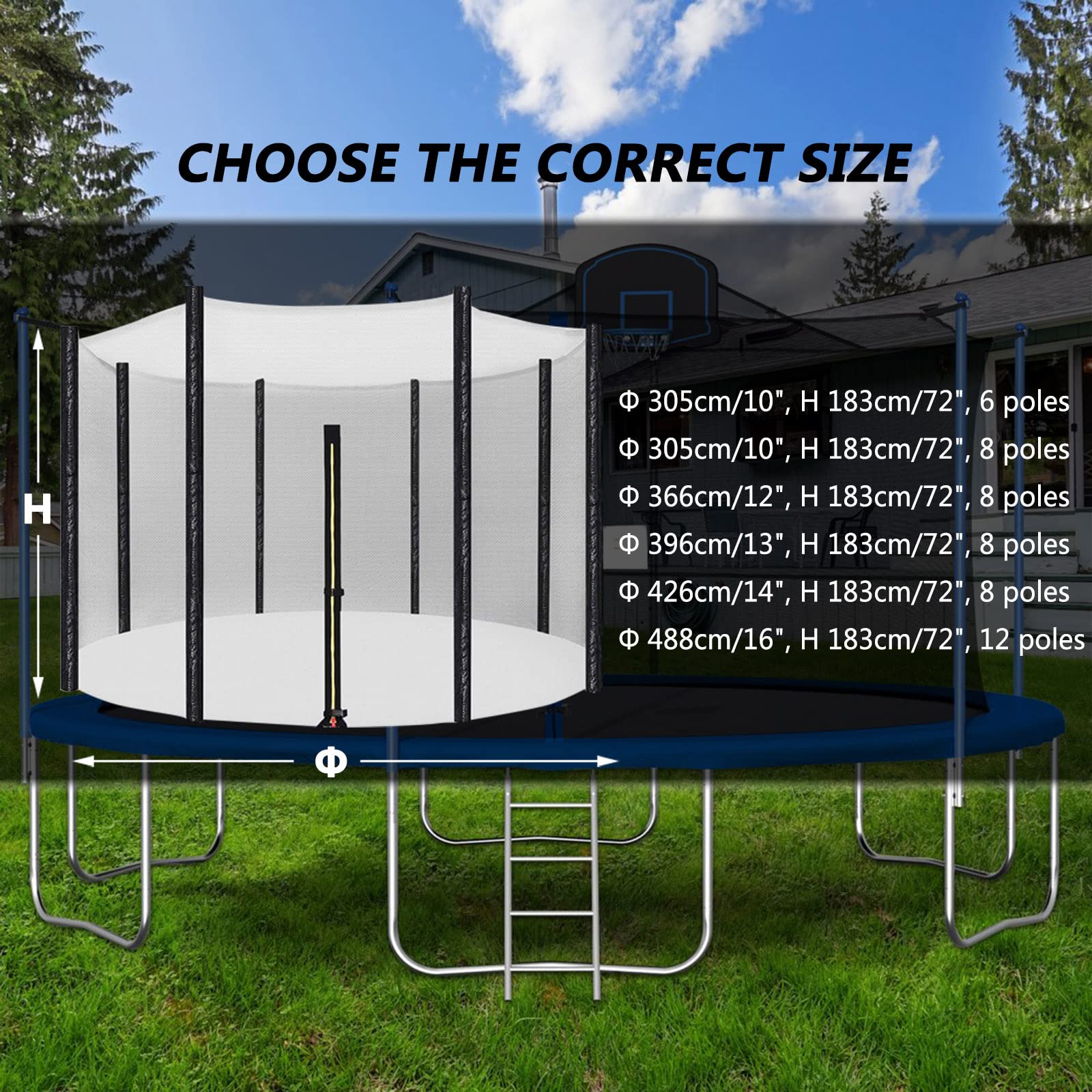 Wymiana siatki do trampoliny, Zamiennik siatki zabezpieczającej do trampoliny dla okrągłej ramy o długości 10–16 stóp i 6–12 słupków(12ft 8 Poles)