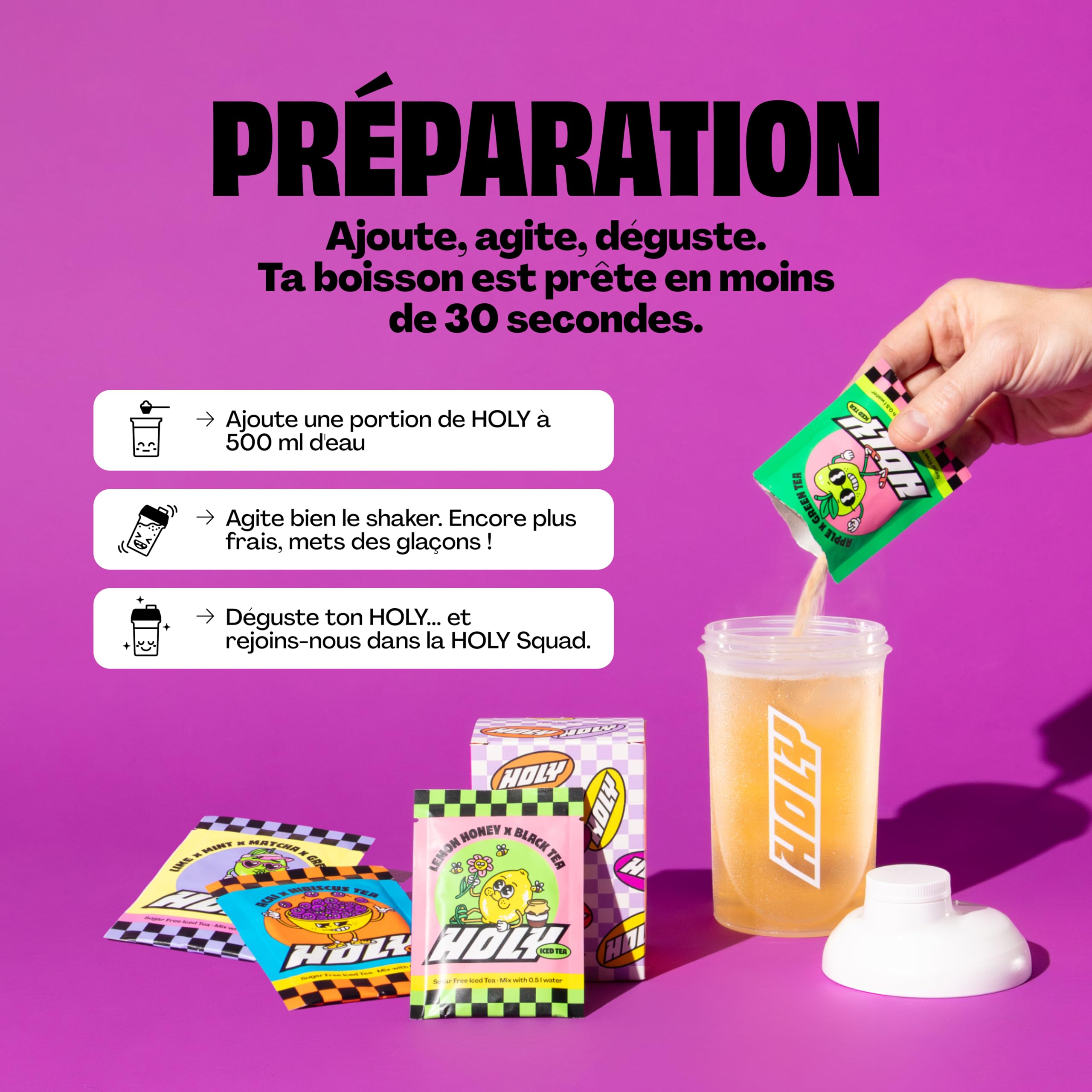 HOLY Iced Tea Kit de démarrage - Thé glacé sans sucre | 2x7 portions au goût naturellement fruité | avec antioxydants | Vegan, à base de vrai thé, arômes de fruits 100% naturels
