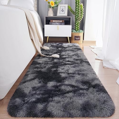 Chicrug Soft Runner Rugs for Bedroom Living Room Plush Fluffy Rug 2x10 Feet, Shag Furry Area Rug Carpet Non Shedding for Nursery Children Kids Girls Room Home Decorative, Grey and Black