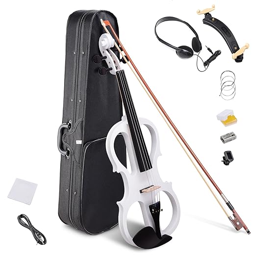 AW 4/4 Electric Violin Full Size Wood Silent Fiddle Stringed Instrument Bow Headphone Case White