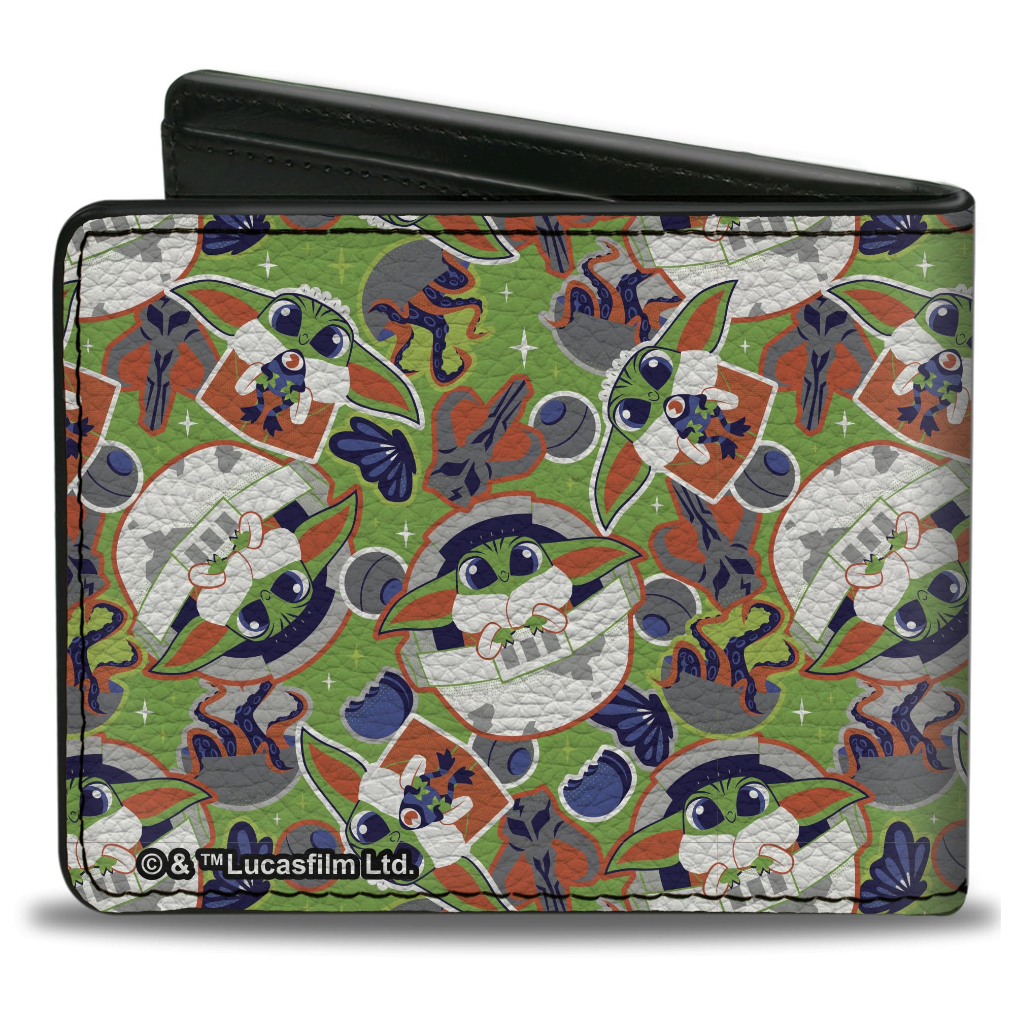 Buckle-Down Star Wars Wallet, Bifold, Holiday Santa Grogu Baby Yoda and Frog Poses Multi Color, Vegan Leather