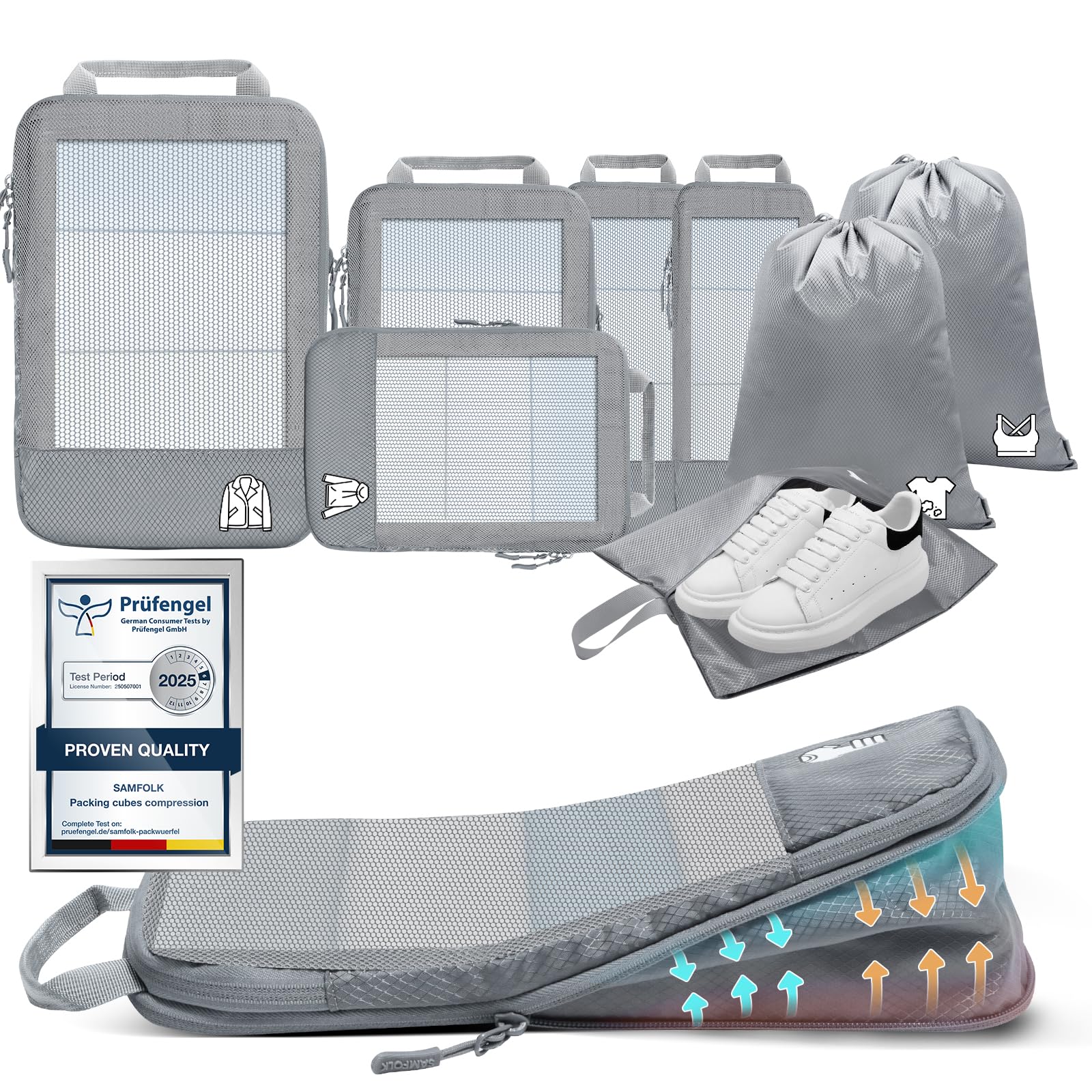 8 Teilige Compression Packing Cubes, Koffer Organizer Kompression PackwüRfel Packtaschen FüR Backpack Rucksack Reisen Organizer Grau