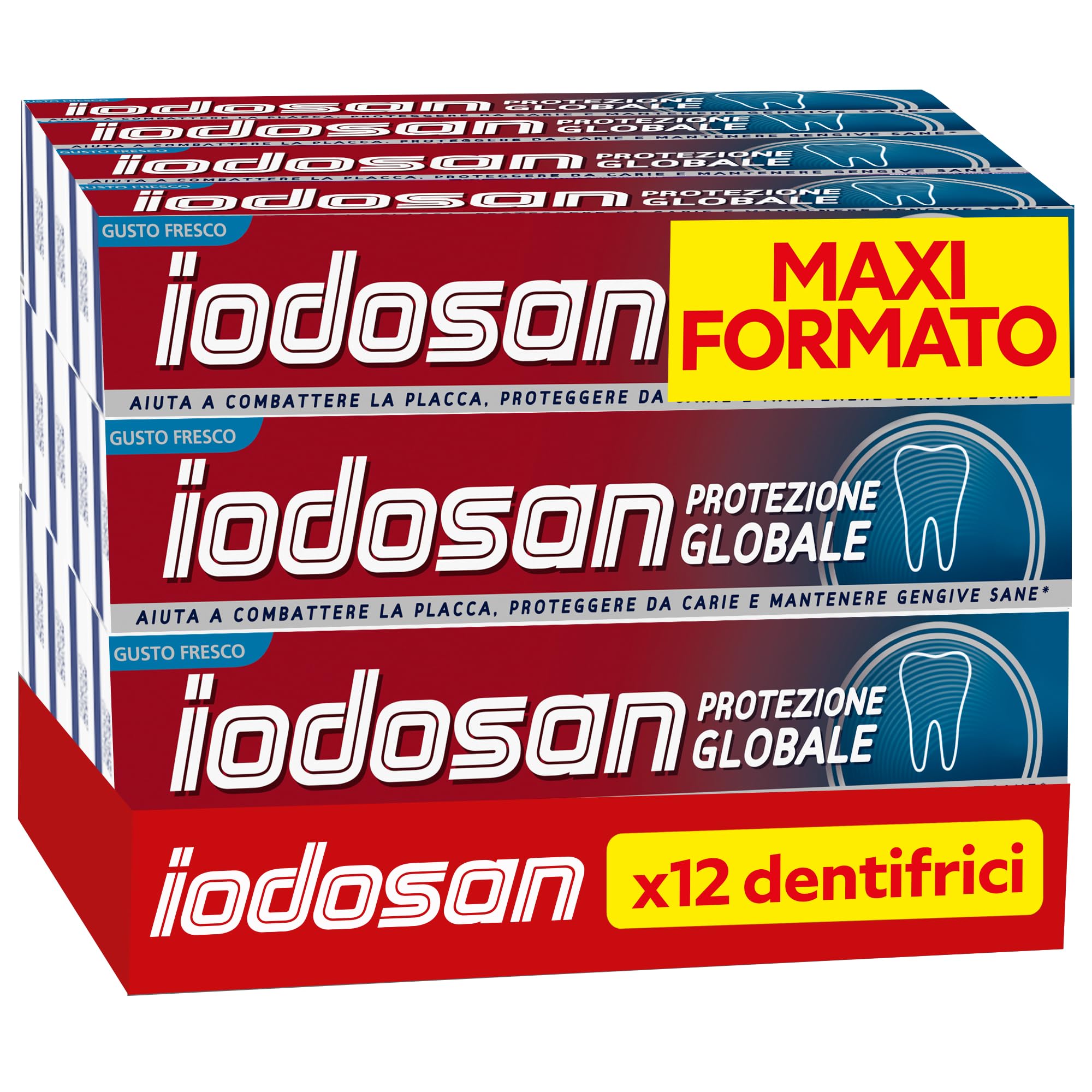 Iodosan Protezione Globale Dentifricio Fluoro, Protegge da Placche e Carie | Pacco da 12 x75ml