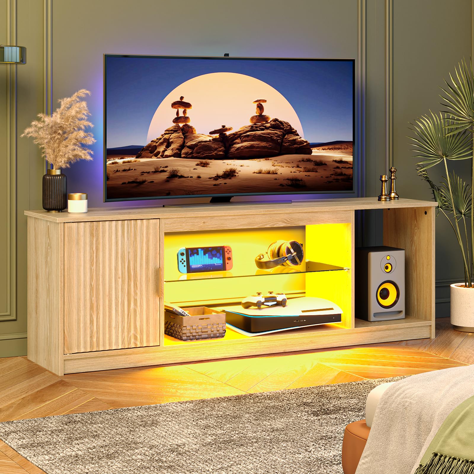 Bestier 56 Inch High Gloss Wavy Fluted LED TV Stand with Ample Storage, Cabinets & Adjustable Glass Shelves, Fits 45-65" TV Entertainment Centre, Natural Oak