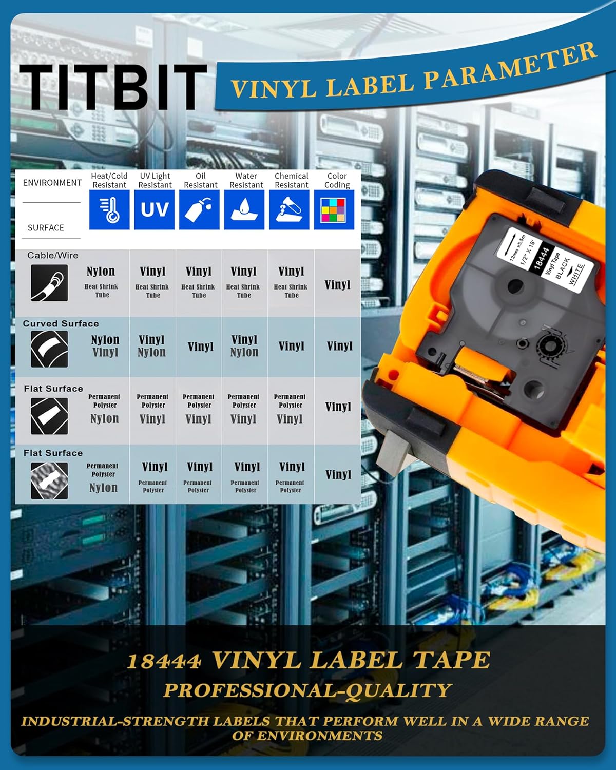 TITBIT 18444 Permanent Vinyl Label Tape 1/2" Replacement for DYMO Rhino 18444 Fit with DYMO Rhino 4200 5200 5000 6000 6500 Industrial Label Maker,12mm(1/2 Inch) x 18 feet Black on White,5 Pack