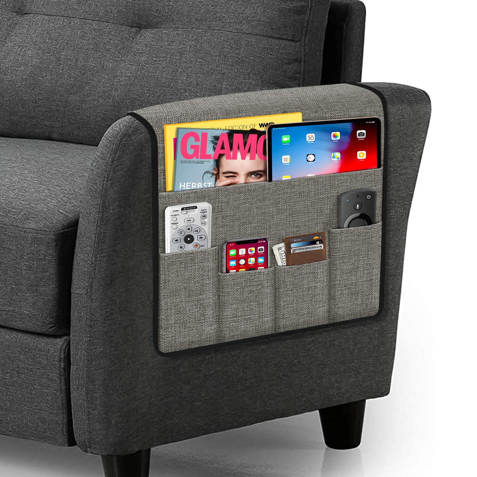 Chair Arm Remote Control Caddy Organizer, Non-Slip Couch Caddy Armchair Arm Chair Caddy with 6 Pockets Armchair Caddy for Smart Phone, Book, Magazines, TV Remote Control Holder（Grey ，13'' x 35''）