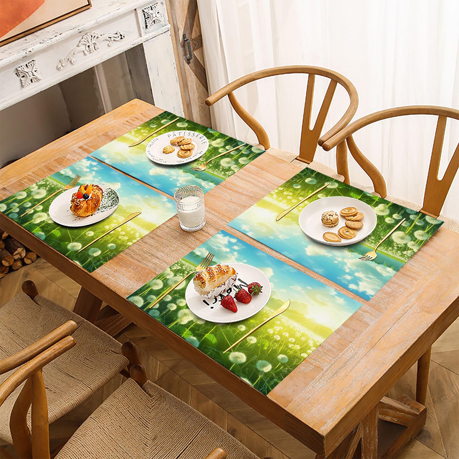 8 Tovagliette Colazione Stoffa 45 x 30 cm,Tarassaco Campagna Tovagliette Americane Lavabili, Placemats Campagna Campi per Primavera Vacanze Cucina Feste, Pasqua