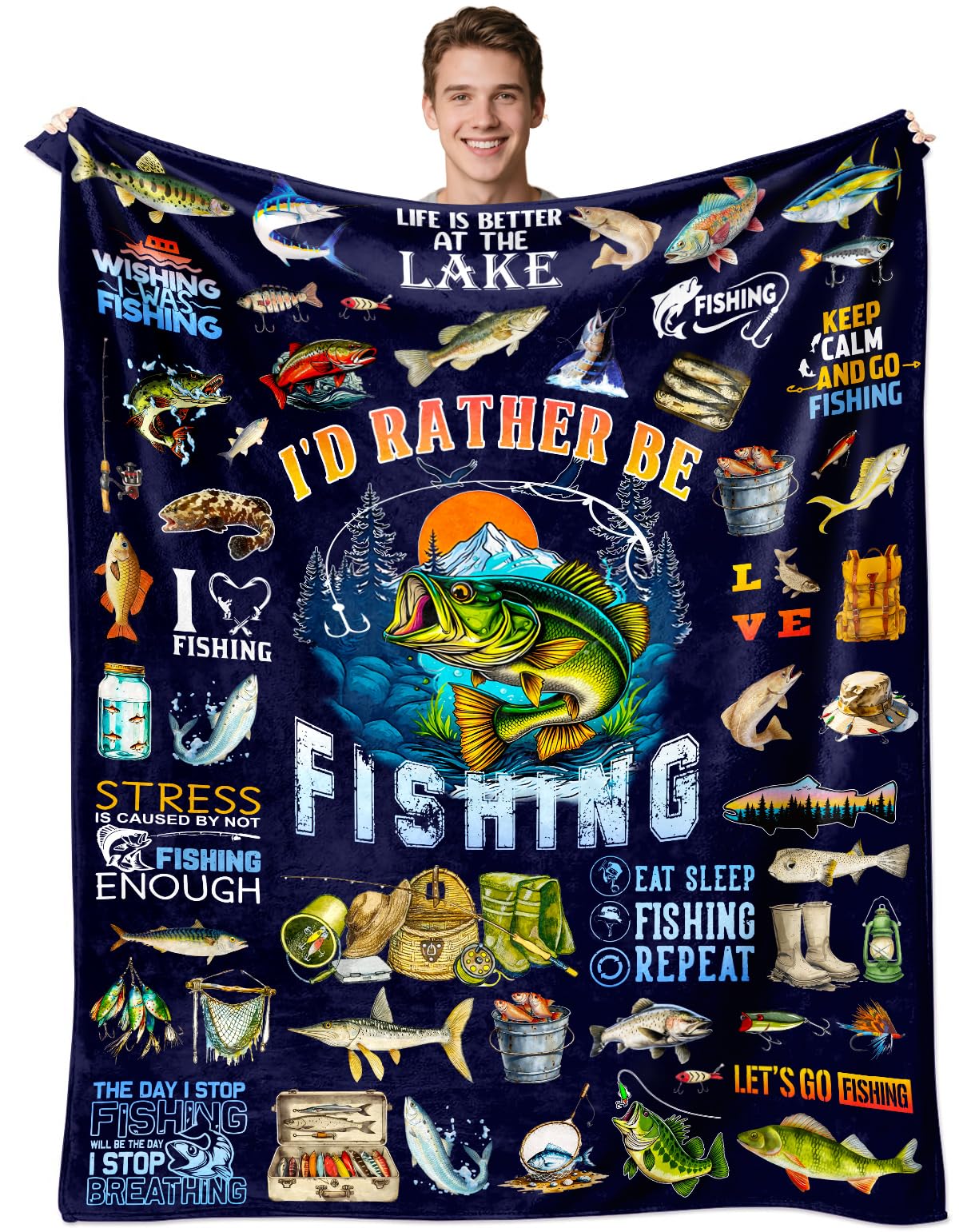 Fishing Blanket Fishing Gifts for Men Boys Soft Warm Flannel Funny Fish Stuff Throw Blanket Best Gift for Fisherman Lovers Birthday Decor Gifts for Kids Adults 50"x40"