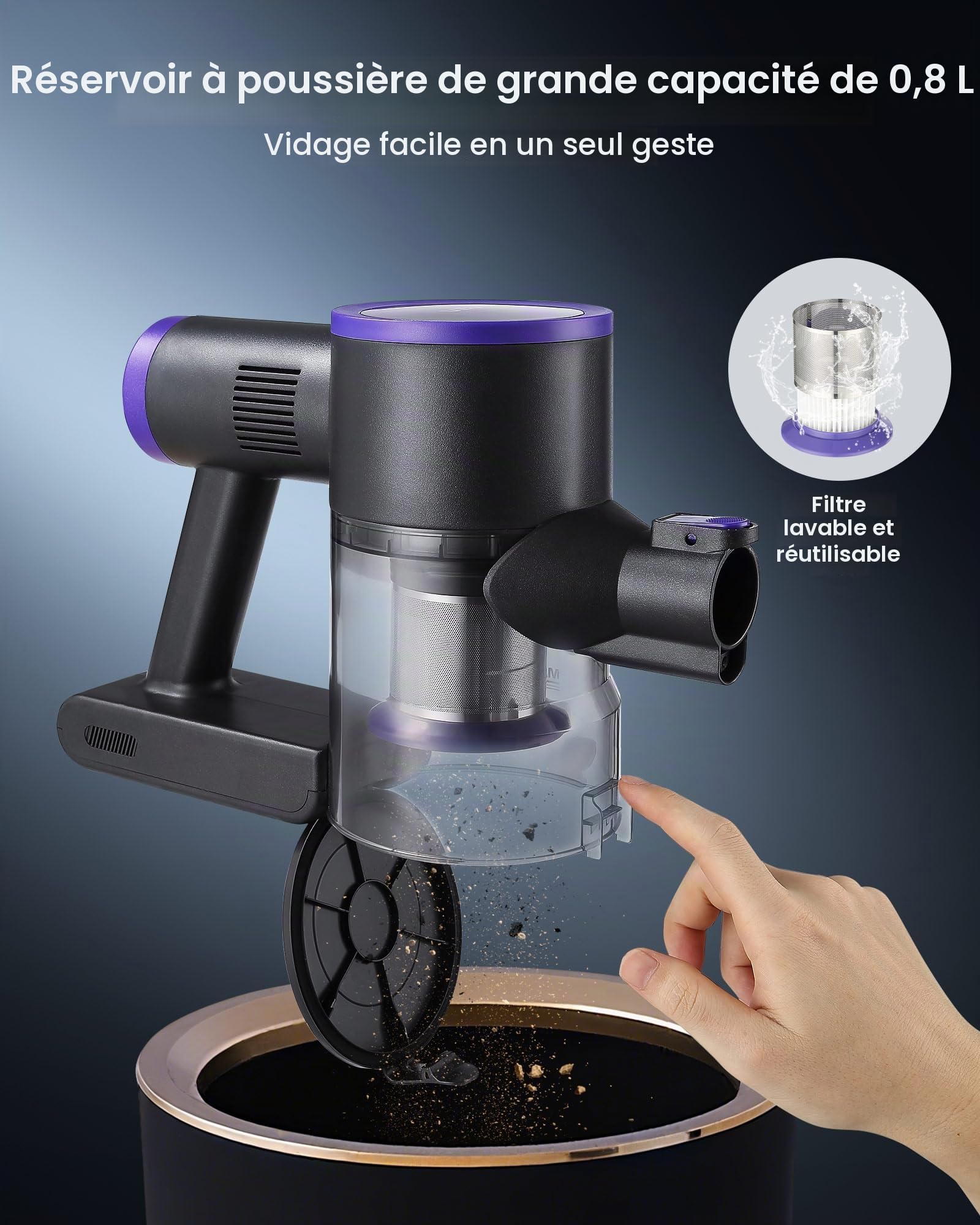 VEVOR Aspirateur Balai sans Fil à Aspiration Puissante 25 kPa, Aspirateur Laveur Rechargeable Anti-enchevêtrement avec Bac à Poussière, Léger avec Autonomie de 35 Minutes, pour Tapis Poils Sols Durs
