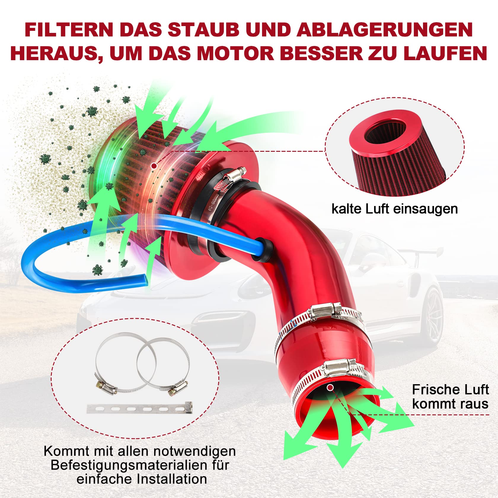 Pindex 76mm Lufteinlassfilter Auto Kaltluft Ansaugfilter Luftfilter mit Ansaugschlauch Kaltluftschlauch Ansaugrohr (Rot)