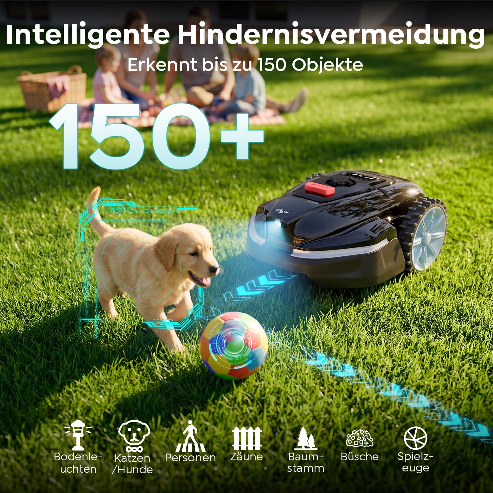 YARDCARE V3 Mähroboter ohne Begrenzungskabel, KI-Visionsnavigation, 150+ Hinderniserkennung, App-Steuerung, bürstenloser Motor, 50 dB, einstellbare Schnitthöhe, für kleine Gärten