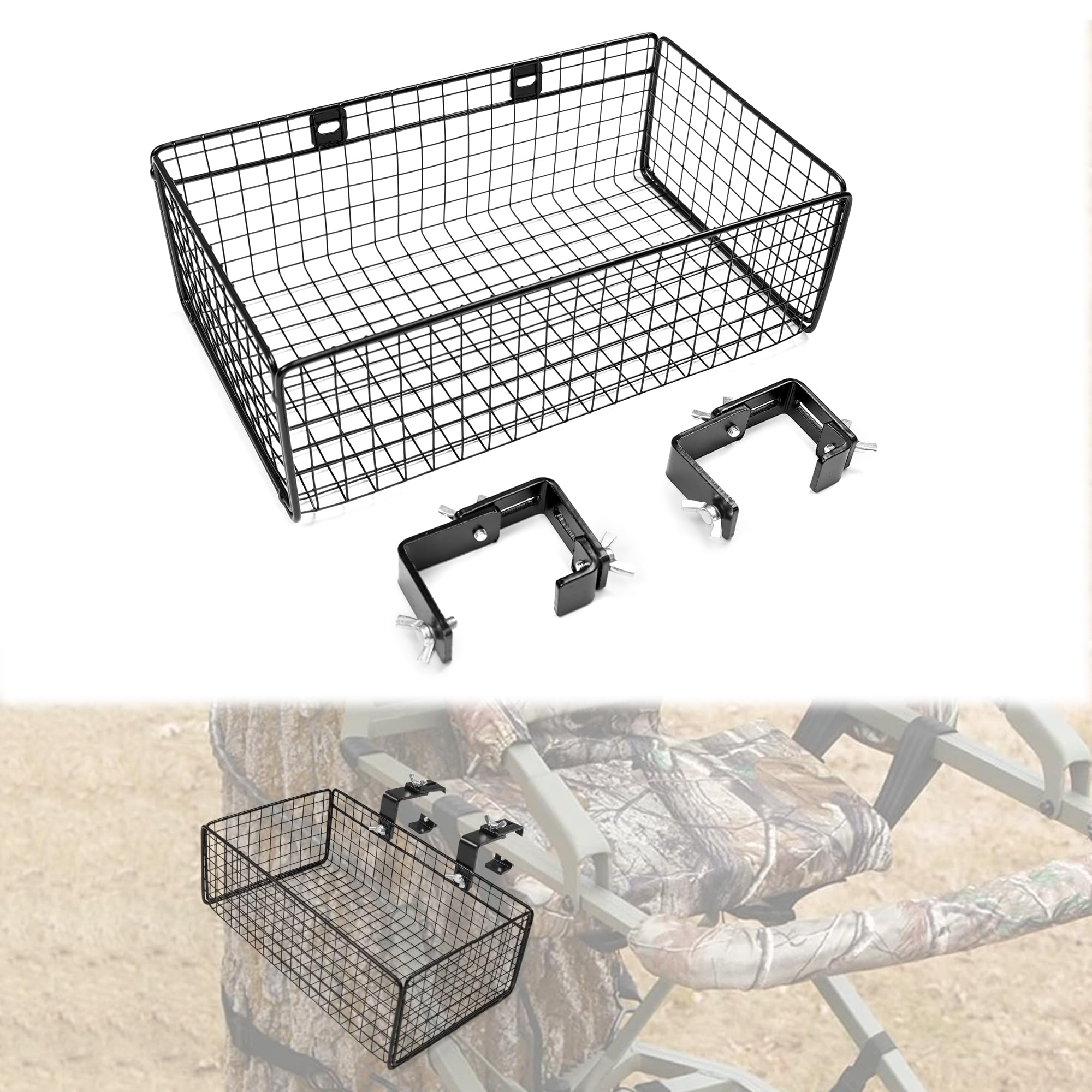 Estante de metal para árbol de caza, 10 x 6 x 3.5 pulgadas, soporte de asiento ajustable para árbol de caza, accesorios de caza, soporte para accesorios de caza, tazas, funda para cámara de video