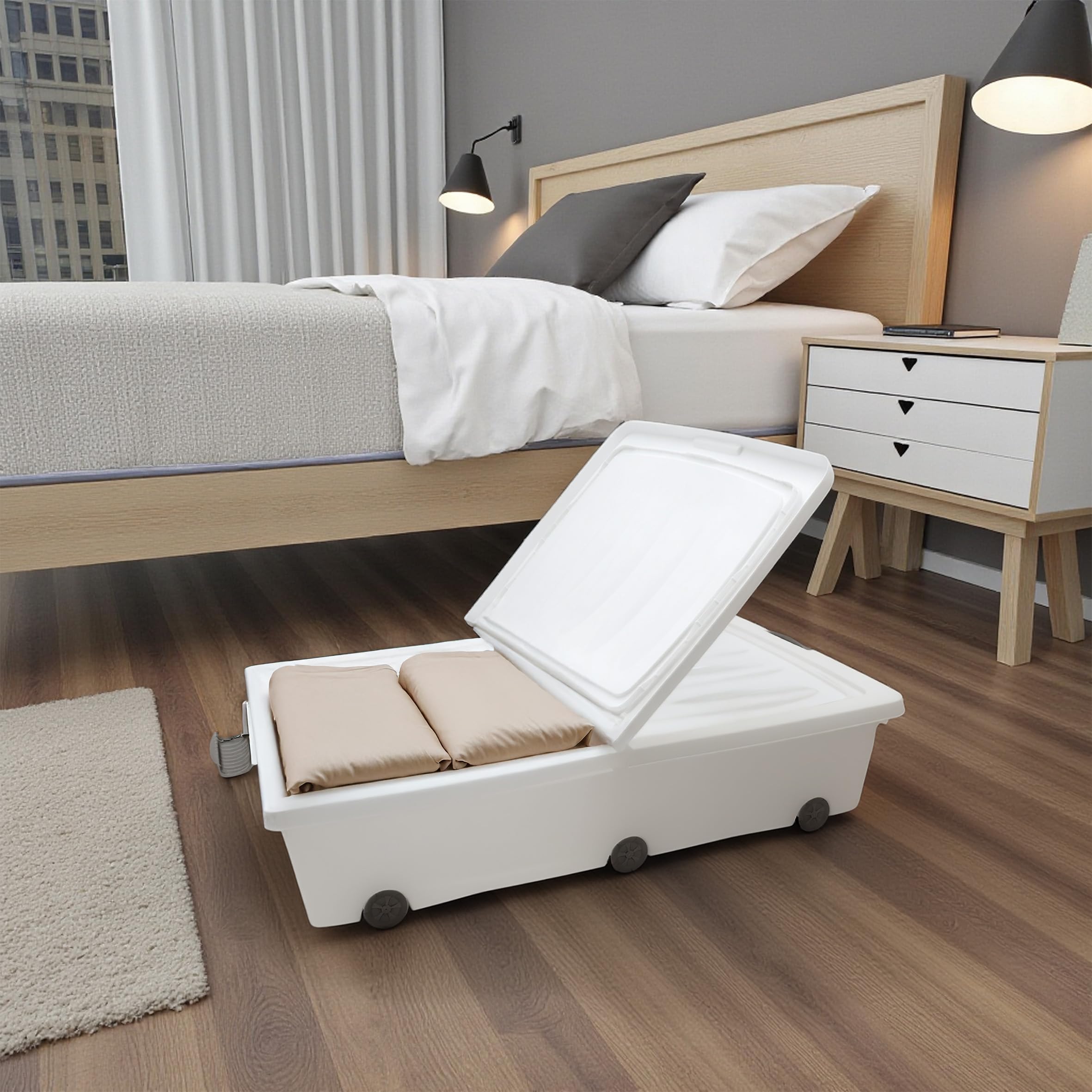 Spetebo XXL Unterbettkommode mit Klappverschluss 2er Set - 60 Liter - Aufbewahrungs-Rollbox mit zweigeteiltem Deckel in weiß - Universal Aufbewahrungsbox Unterbett Box Spielzeugkiste mit Rollen