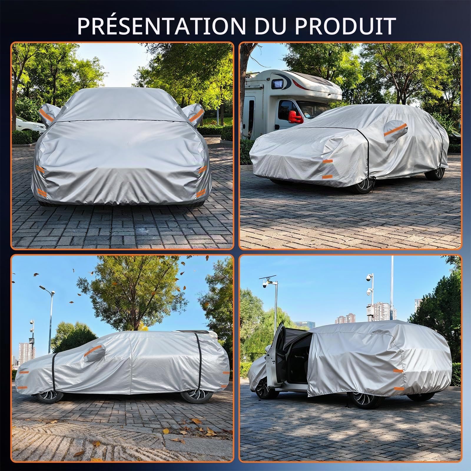 Housse de Protection Voiture 4 Saisons - Bâche Extérieur Étanche, Respirante et Protection Solaire avec Zip et Doublure en Coton pour Hayon & Citadine (415 à 450 cm) - Argenté