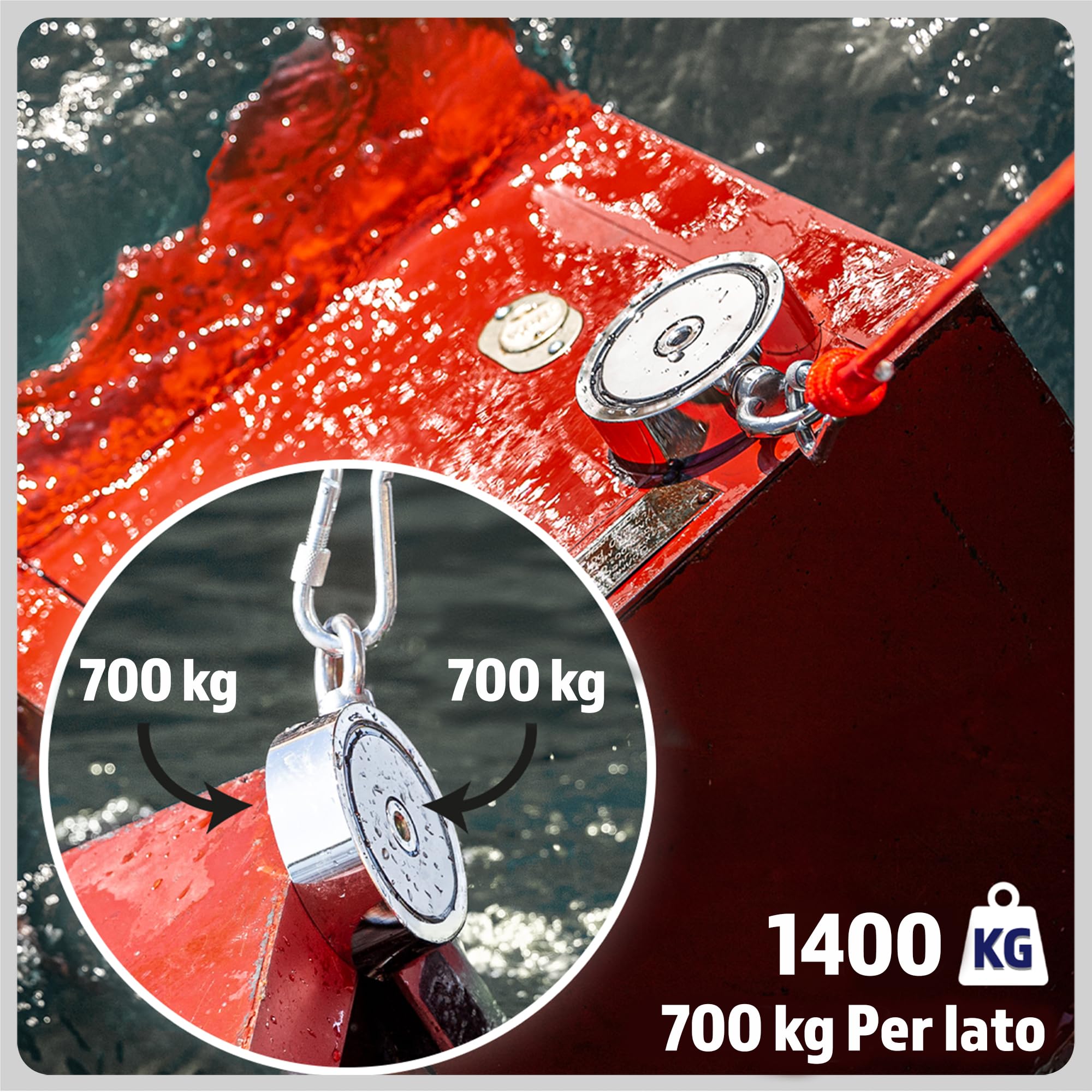 MAGFISHION Calamita Potente - Set di Magnete da Pesca - Forza di Trazione 1400KG (2x 700kg) - Ø135mm - Magneti al Neodimio - Calamite Potenti con Corda (20M) & Guanti - Magnet Fishing