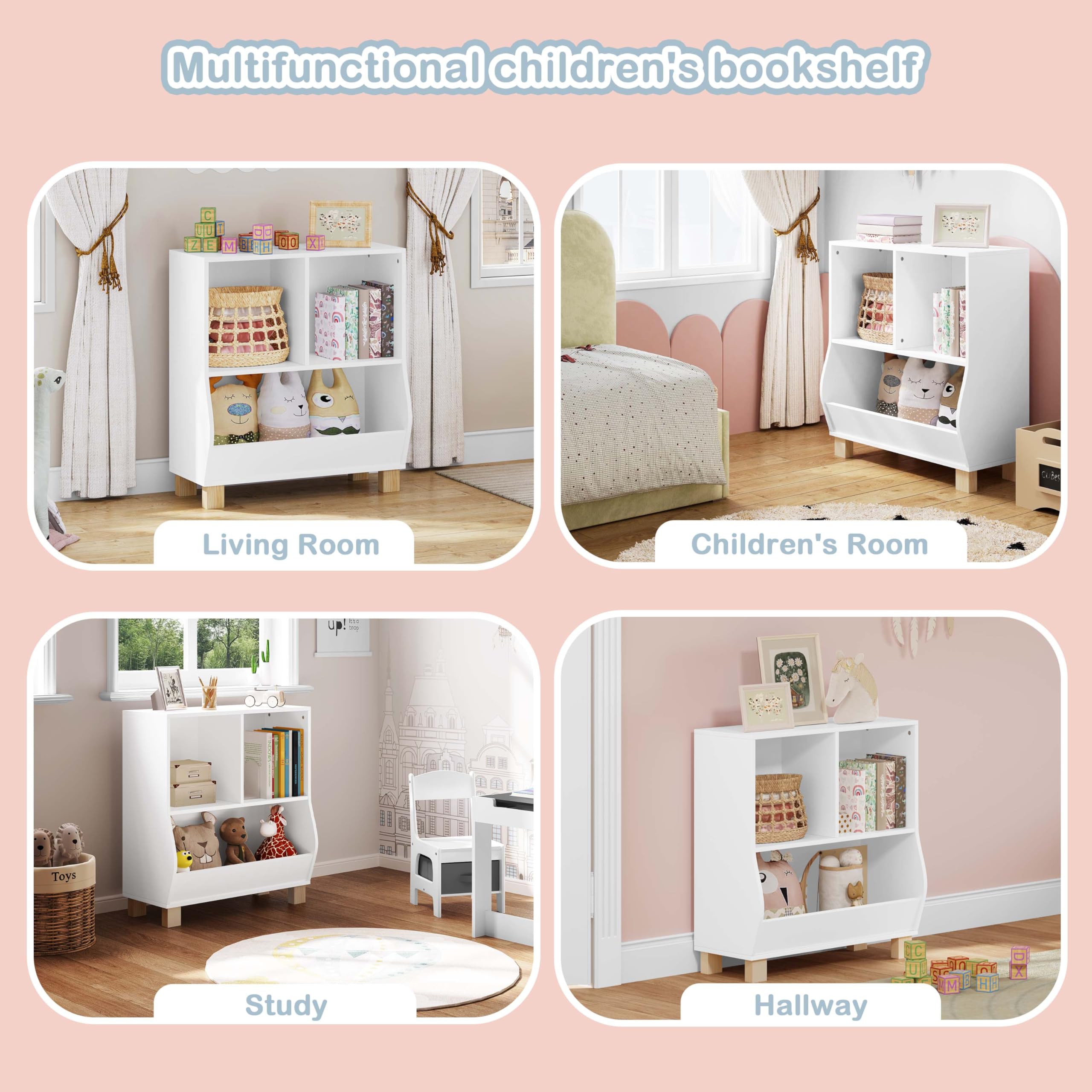 Lestarain Bücherregal Kinder, Regal weiß mit 3 Fächern, Montessori Kinderregal, Spielzeugregal mit Holzbeinen, Standregal für Bücher Spielzeug Kinderzimmer, 71,5x77x34,5 cm