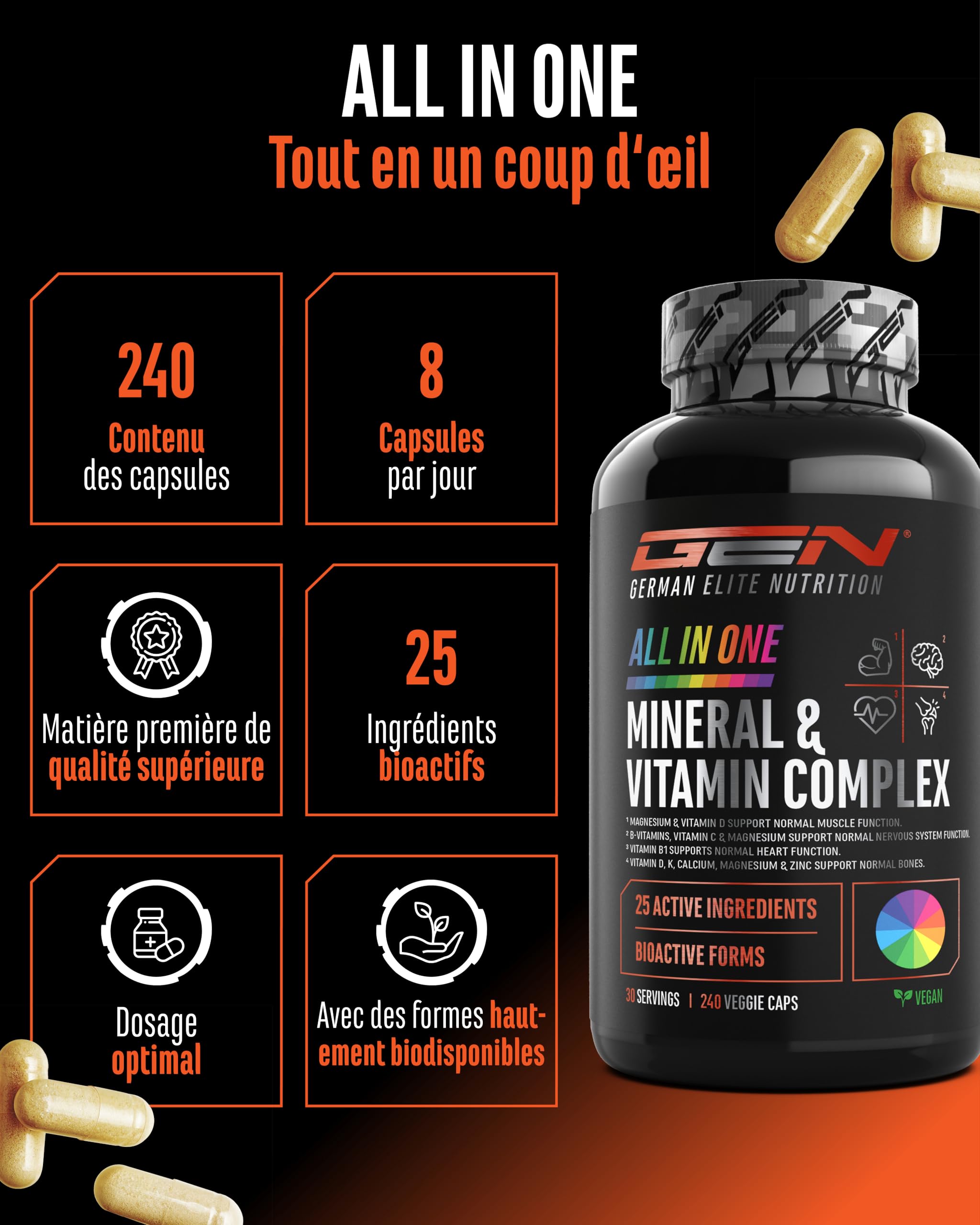 Complexe Minéraux & Vitamines ALL IN ONE - 25 Vitamines, Minéraux et Oligo-éléments Bioactifs - Avec Magnafolat® PRO, K2VITAL® MK-7 et Méthylcobalamine - Hautement Dosé - Vegan - 240 Gélules