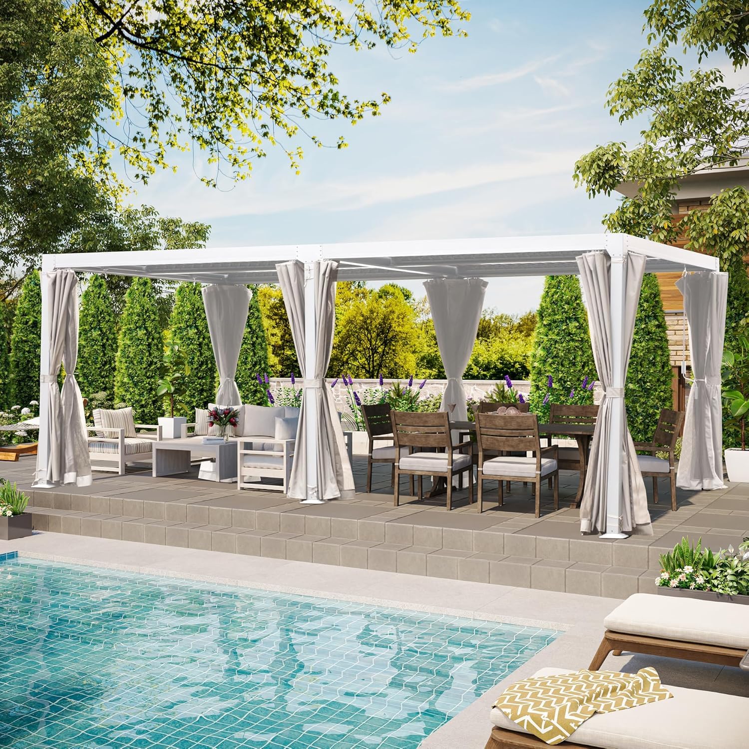 10' × 20' Louvered Pergola, Outdoor Aluminium Canopy with Adjustable Roof Curtains and Netting for Patio, Deck, Garden, Yard, Beach. (White)