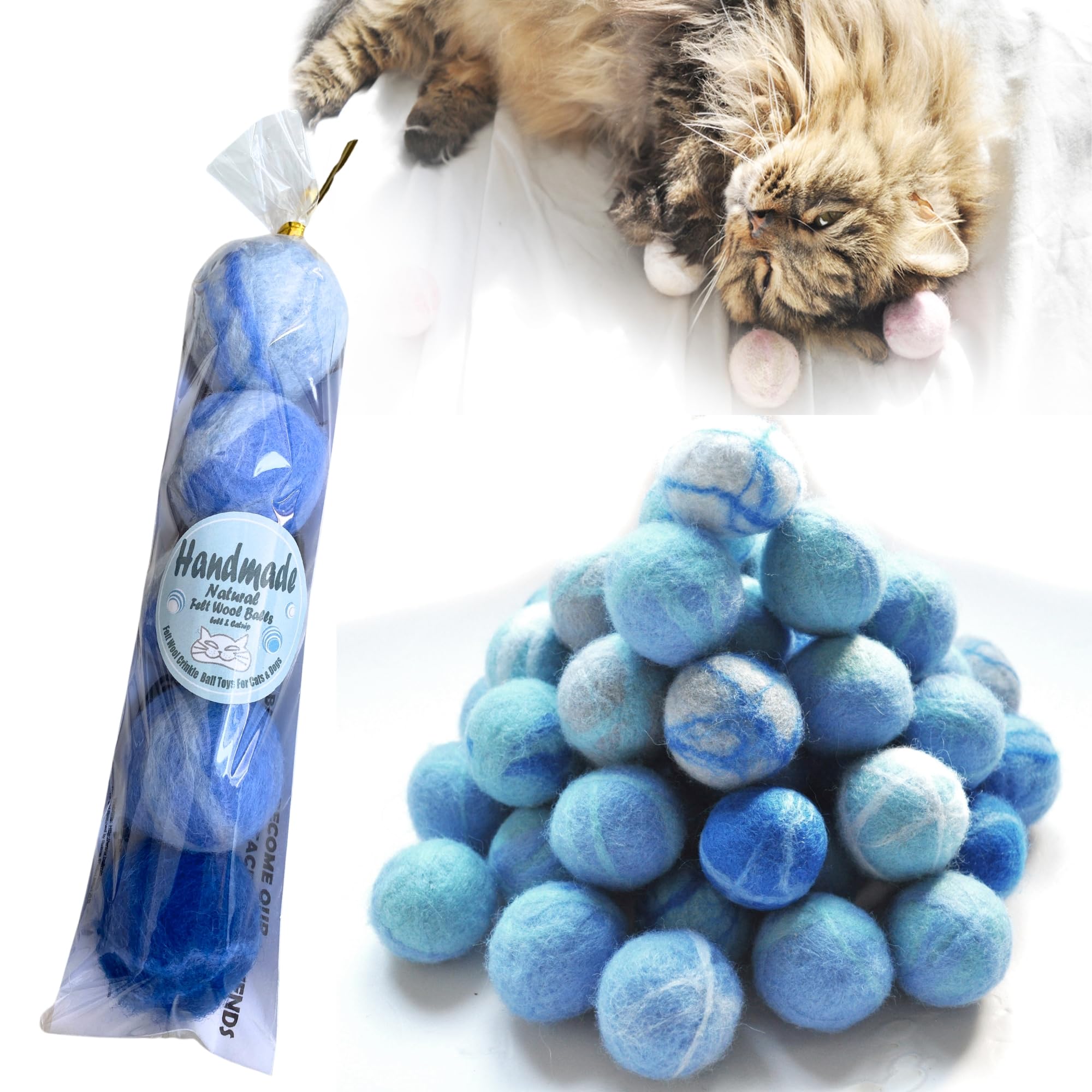 BALLMIE Felt Wool Cat Toys Ball with Catnip and Bell, Natural Handmade (Baby Blue (5 Units))