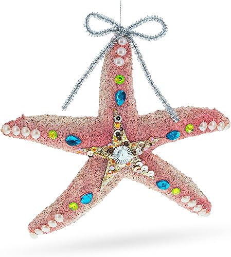 BestPysanky Adorno de Navidad de cristal con estrella de mar rosa brillante