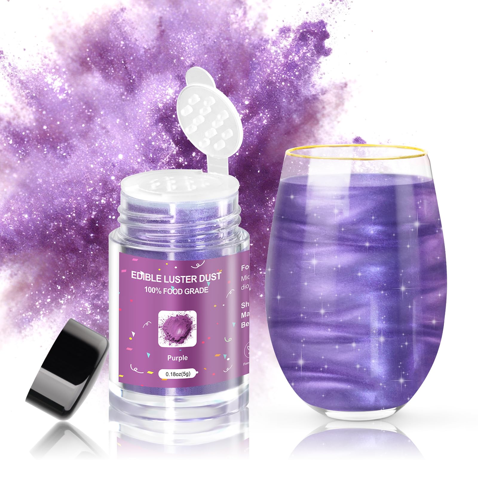 CRPTHE Purple Luster Dust 식용 5g, 음료용 식용 글리터, 칵테일, 베이킹, 음료, 케이크, 딸기, 쿠키, 퐁당, 비건 용 식품 등급 글리터 쉬머 스프링클 파우더