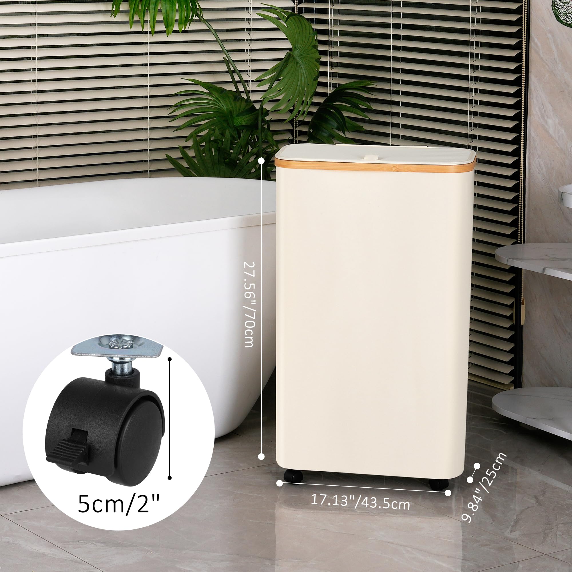 iEGrow Wäschekorb mit Rollen 75L, Wäschesammler Schmal mit Herausnehmbarer und Waschbarer Innentasche, Laundry Baskets Wäschekörbe mit Deckel für Kleidung, Spielzeug, Handtücher (Beige)