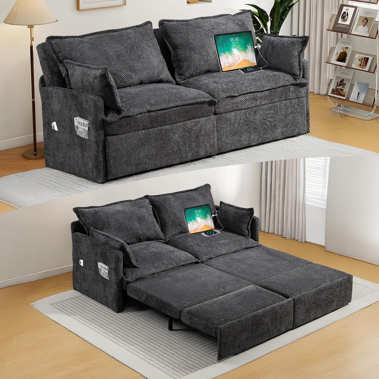 3 in 1 Convertible Sofa Bed-King Size Sofa Bed, 74'' Corduroy Pull Out Couch with Side Pocket, Loveseat Sofa with USB/Type-C Ports, Sleeper Sofa Couches for Living Room, Apartment (Grey)