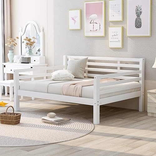 RUNWON Sofá cama de madera tamaño matrimonial con líneas limpias, marco de sofá cama con soporte de listones de madera para sala de estar,
