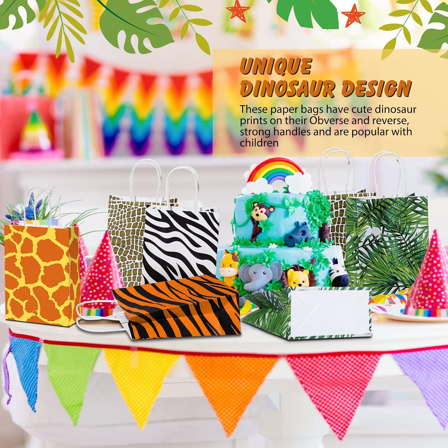 24 Pieces Animal Print Gift Bags Safari Jungle Party Favor Bag with Handle, Paper Zoo Wildlife Goodie Treat Bags Leopard Tiger Zebra Giraffe Pattern for Animal Themed Baby Shower Birthday Supplies - Image 5