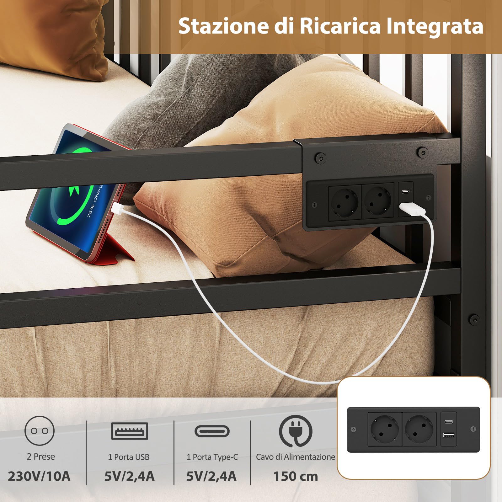 COSTWAY Letto Estraibile, Divano Letto Singolo con Luci LED e Stazione di Ricarica, Lettino Matrimoniale con Struttura in Metallo, 2 Pz 90x200 cm, per Soggiorno e Camera da Letto (Nero)