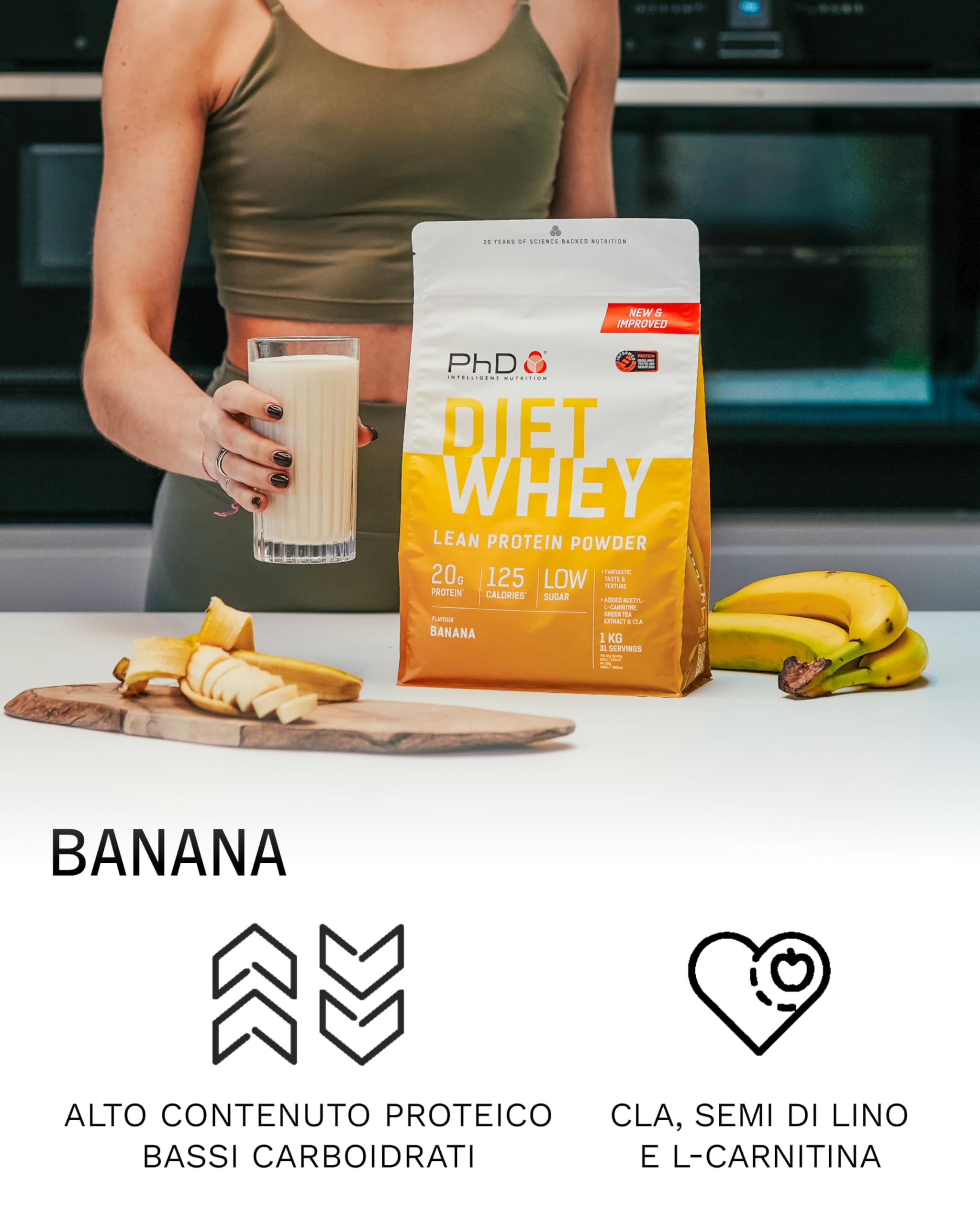 PhD Nutrition Diet Whey Protein in Polvere 2kg Banana - Proteine del siero di latte con 20g di proteine e 5,5g di BCAA per porzione, Basso contenuto di zuccheri e calorie