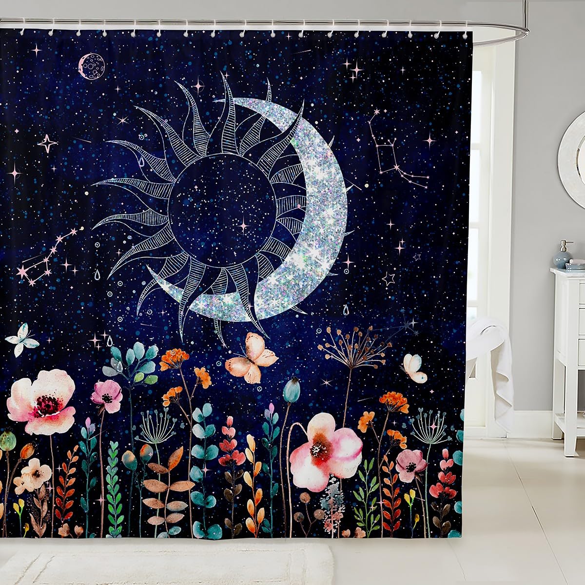 Feelyou Kids Sun Moon Fabric Shower Curtain Galaxy Shower Curtain for Boys Girls Teens Bedroom Decor Flower Bathroom Waterproof Accessories with 12
