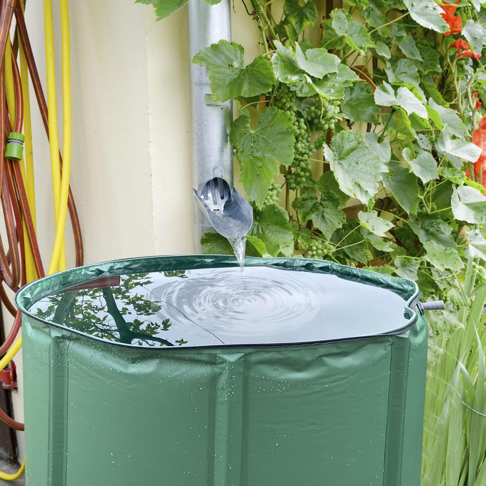 Barril de recogida de lluvia, tanque de almacenamiento de agua plegable portátil, colector de agua de lluvia con filtro y espiga, kit de desbordamiento para jardinería y lavado de automóviles