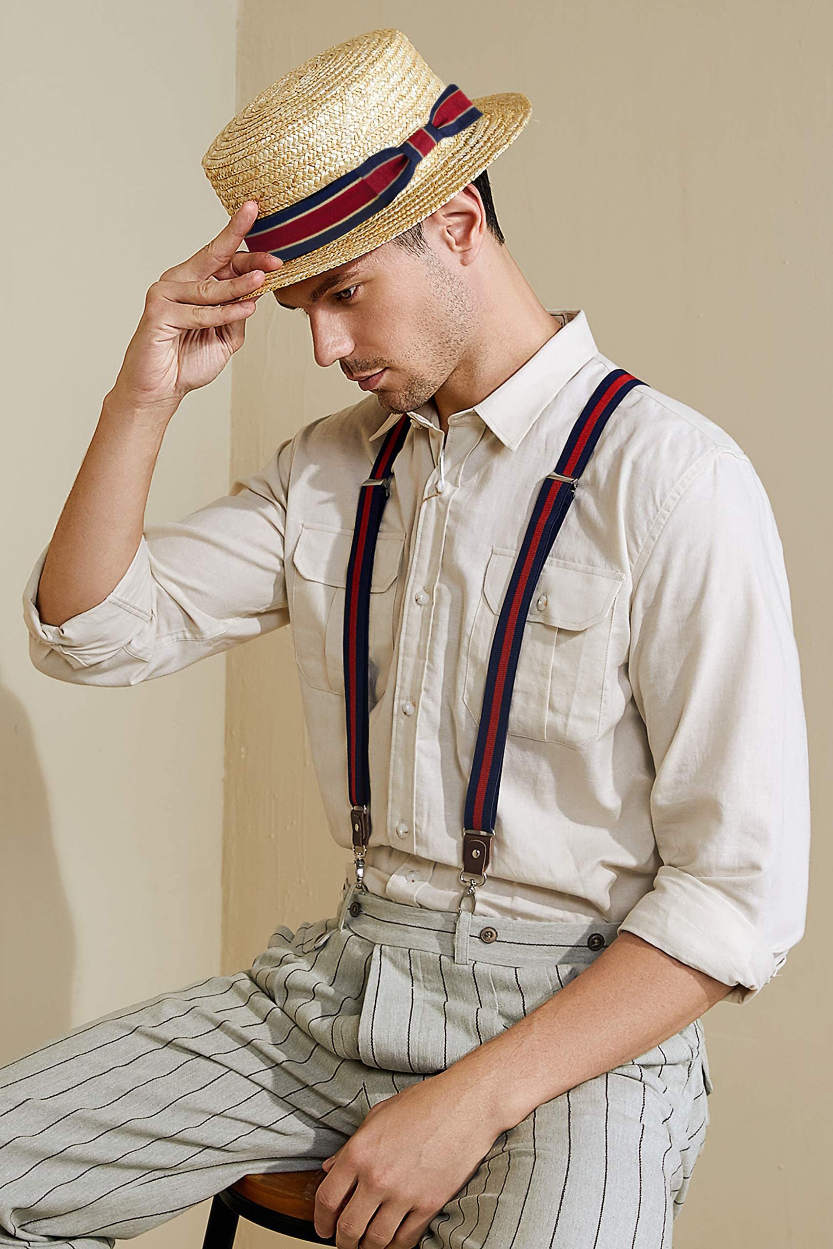 BABEYOND Men's 1920s Brim Boater Hat Gatsby Straw Hat 20s Costume Accessories