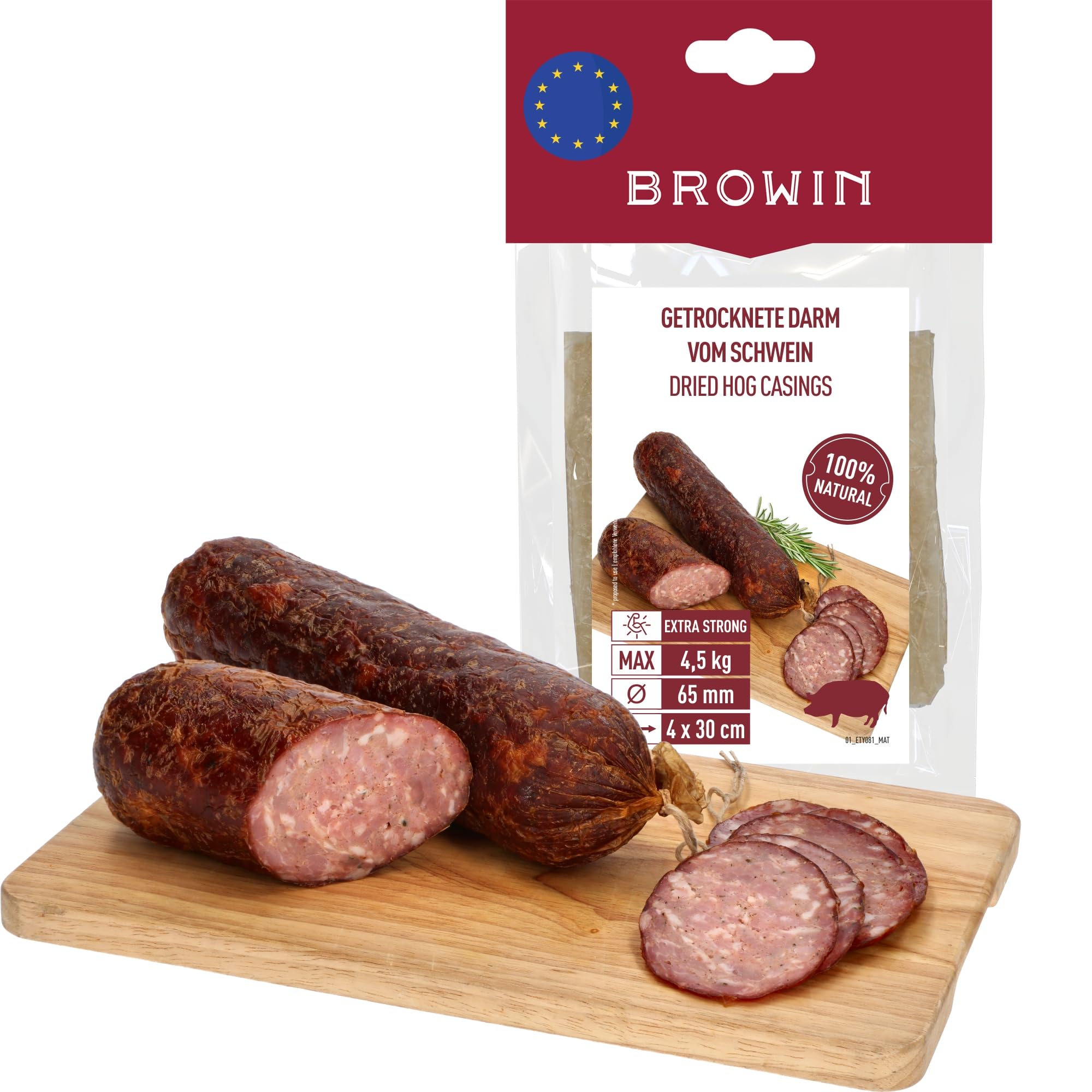 BROWIN® Naturdarm für Wurst | Premium Naturdarm für hausgemachte Würstchen, Wacholderwurst, Weißwurst, Bratwurst (65 mm, 30 cm - 4 Stk., Schweinedarm)