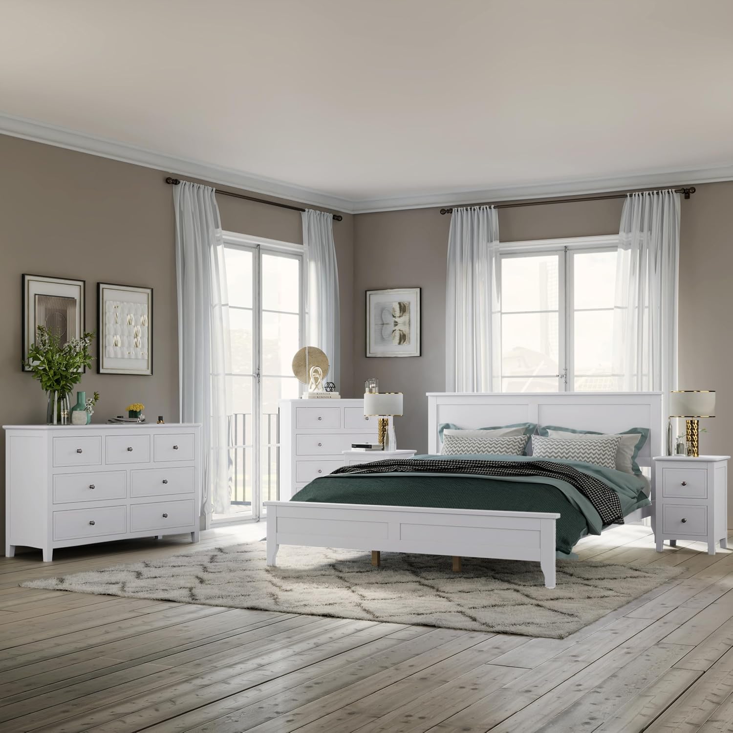 SOFTSEA White Solid Wood 5 Pieces Bedroom Sets, 5 Piece