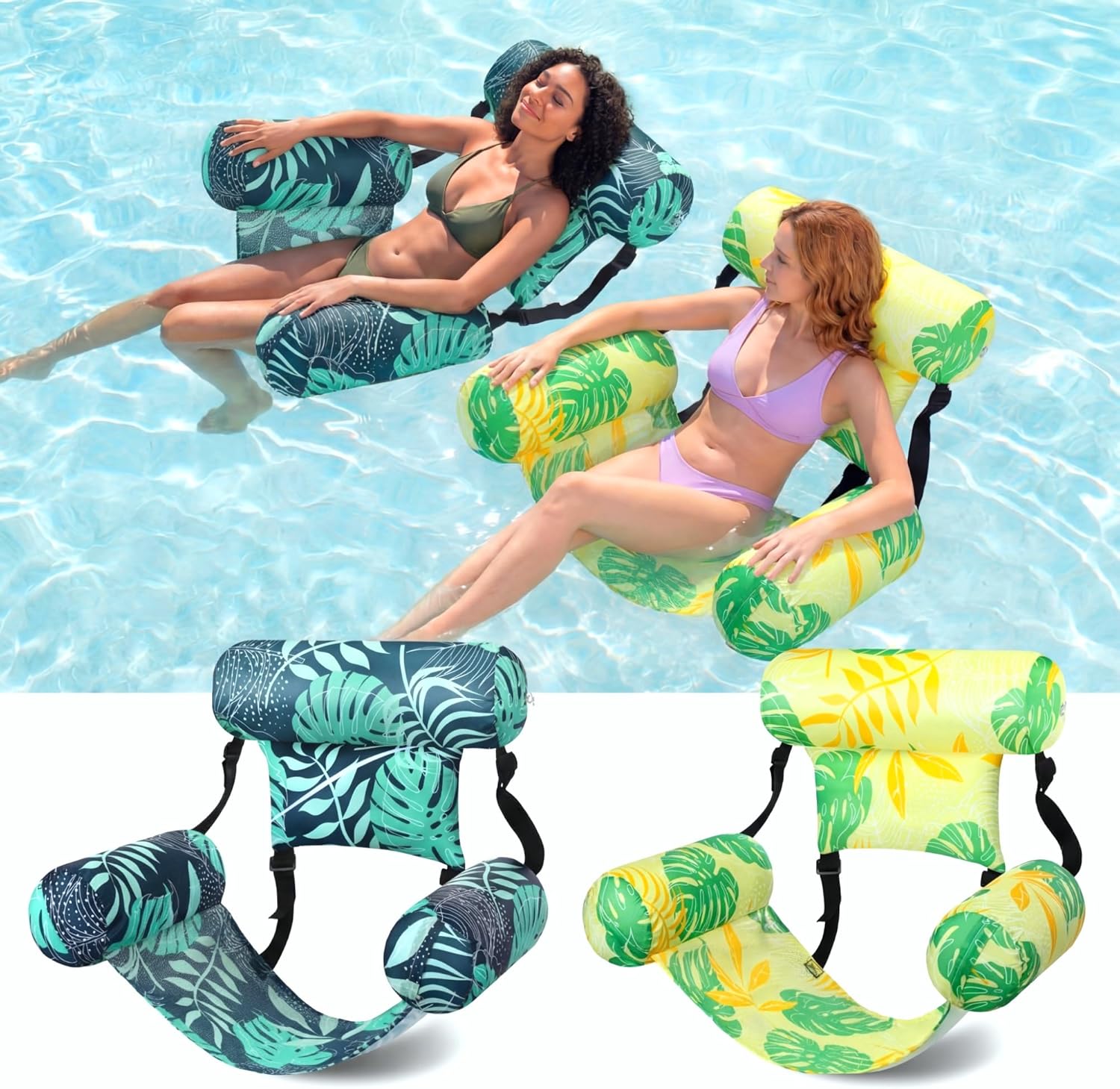 Blueweenly 2 Pack Inflatable Pool Float for Adult Adjustable Hammock Float Chair Fabric Pool Lounge Chairs Blow up Water Chairs Rafts for Summer Swimming Party Fun(Tropical,Green,Yellow)