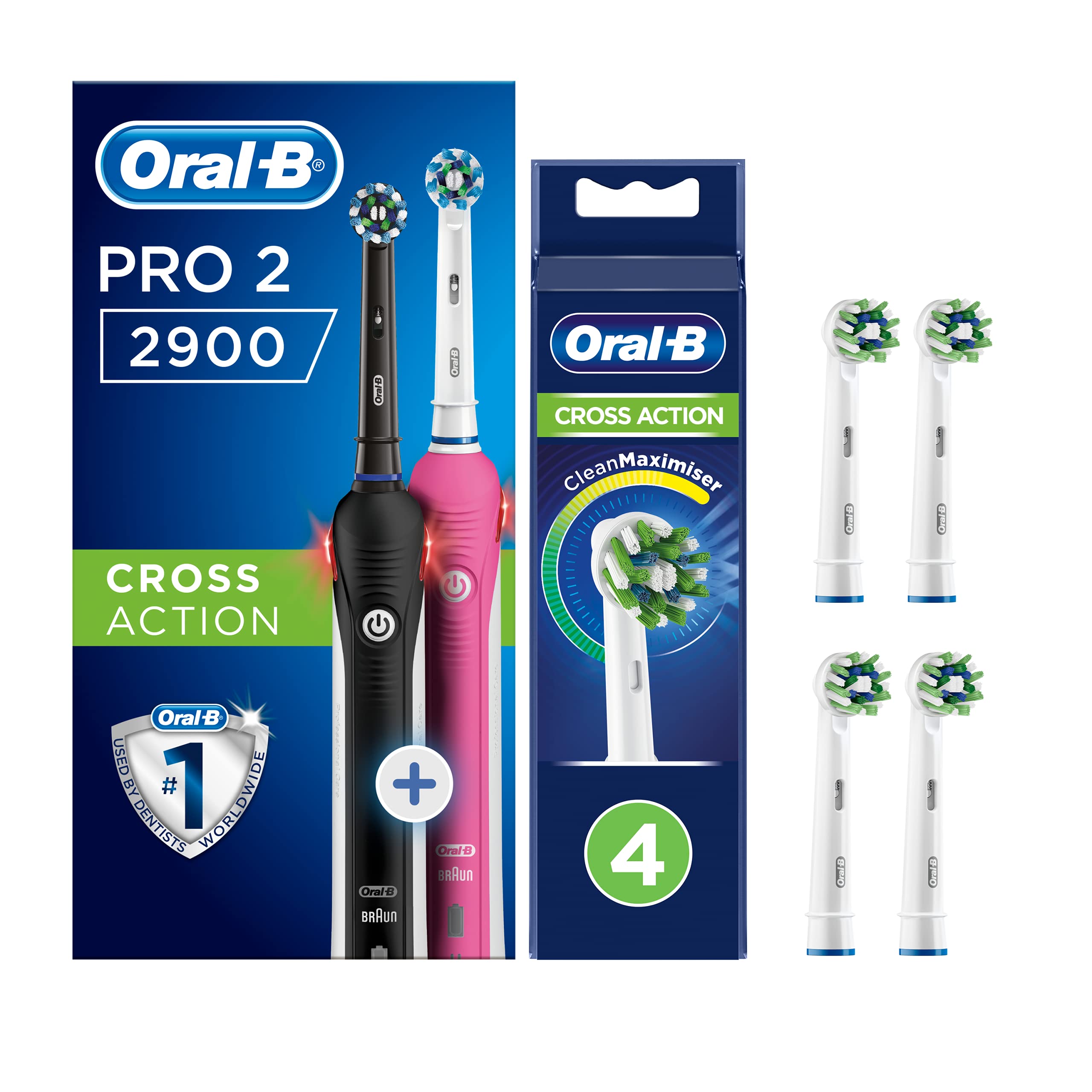 Oral-B Pro 2 2900 Set of 2 CrossAction Electric Rechargeable Toothbrushes, 2 Modes: Daily Clean and Sensitive + Oral-B CrossAction Toothbrush Head with CleanMaximiser Technology, Pack of 4 Counts
