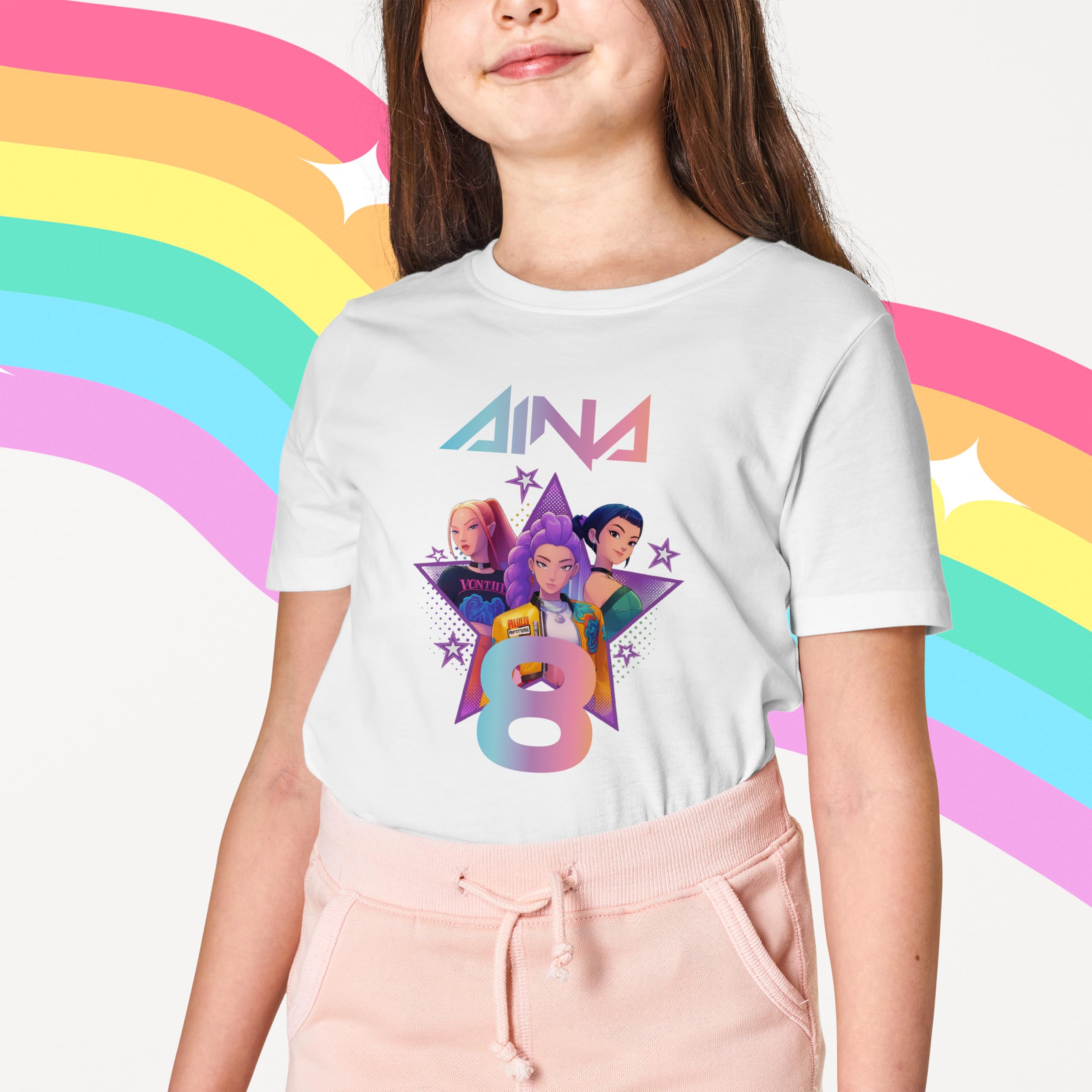 Camiseta Cumpleaños KPOP Personalizada Nombre y Edad con Topper Aniversario Pastel Regalo Fiesta Huntrix Sajaboys Niños Niñas Unisex Infantil sudadera