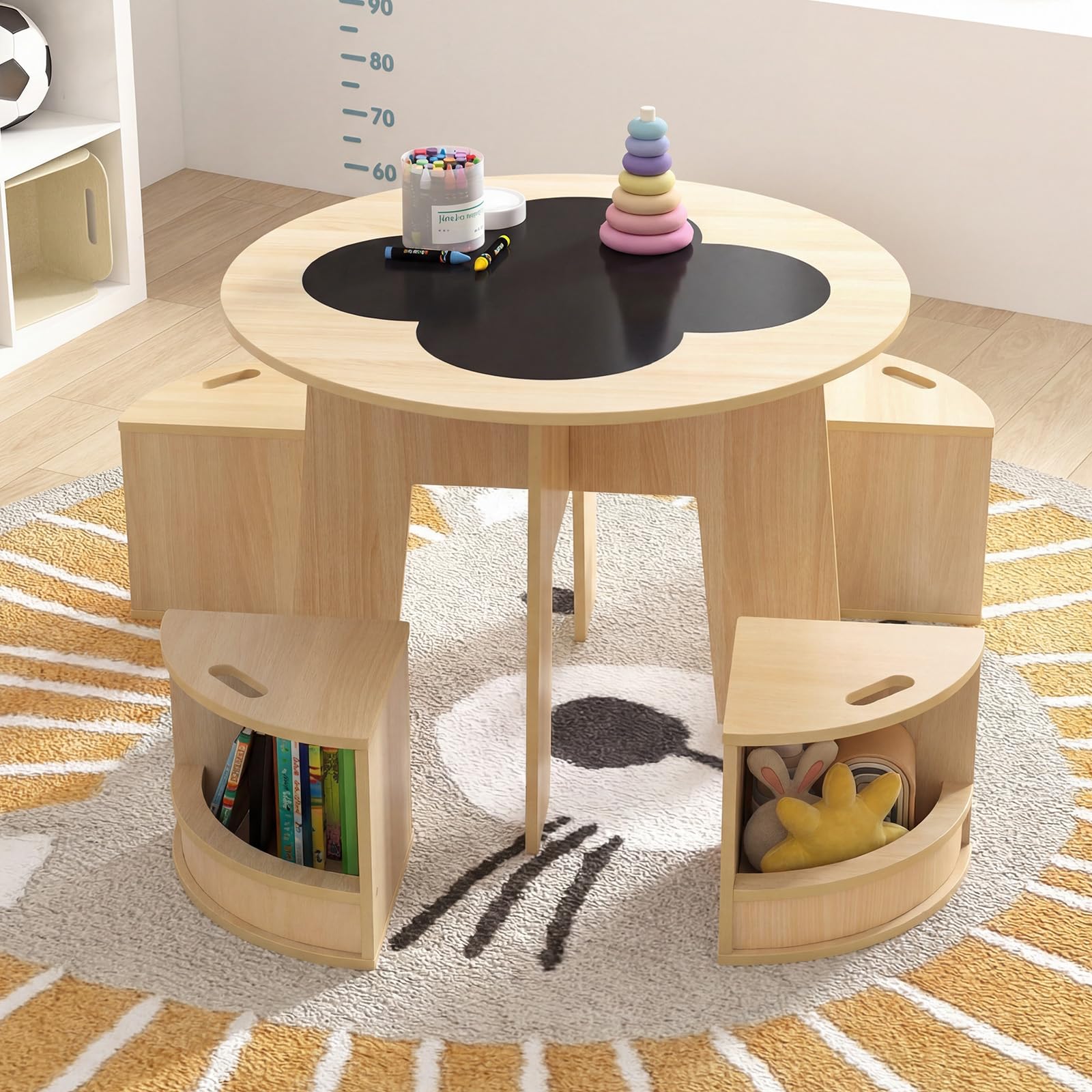 LIFEZEAL Mesa infantil con 4 sillas, mesa de pintura redonda con 4 taburetes de almacenamiento, mesa de actividades con tablero de pizarra, grupo de asientos infantiles para niños a partir de 3 años
